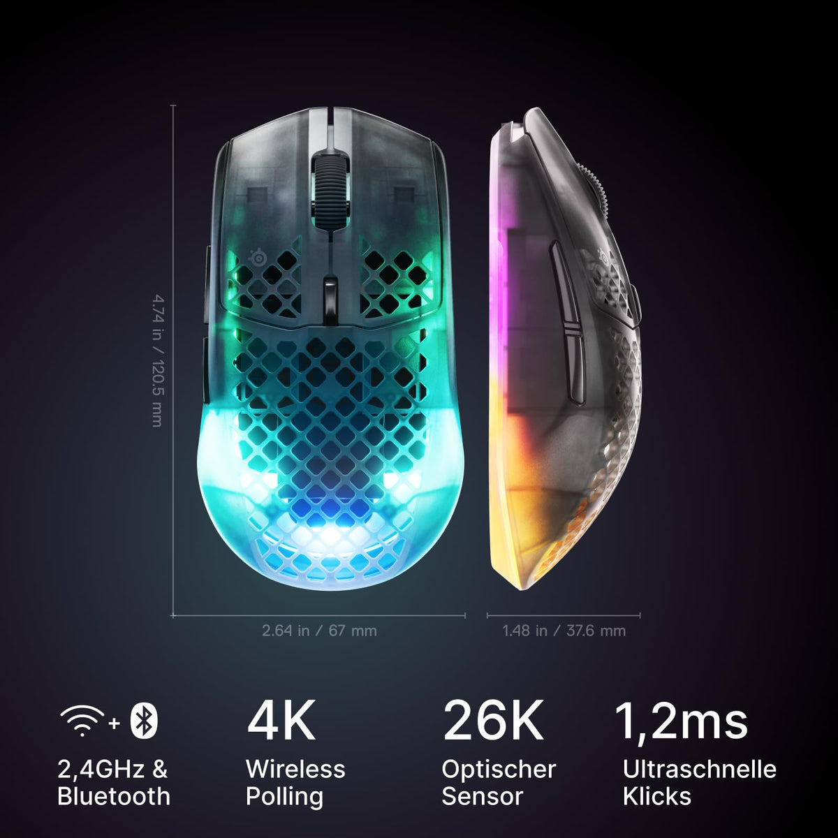 SteelSeries Aerox 3 Wireless Gen 2 – Ultra-light 68g gaming mouse, 4K polling, 26K DPI optical sensor, 200 hours battery life, IP54, 80 million clicks, RGB, pure PTFE glide feet, Shadow. - 62717