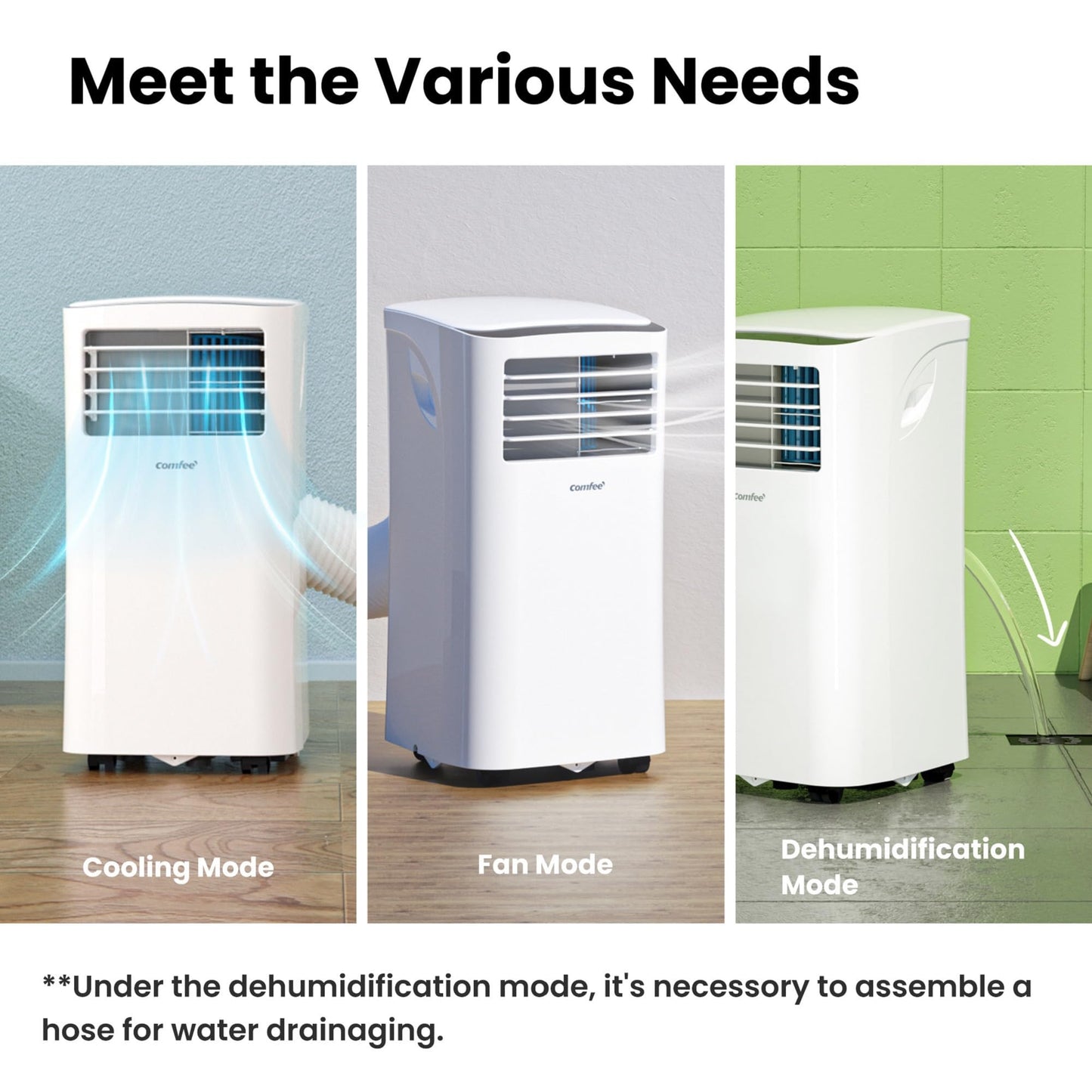 Comfee mobile air conditioner MPPH-09CRN7, 3-in-1 air conditioning with exhaust hose, cooling & dehumidification & ventilation, 9000 BTU, 2.6kW, for rooms approx. 80m³ (31㎡), EEK A