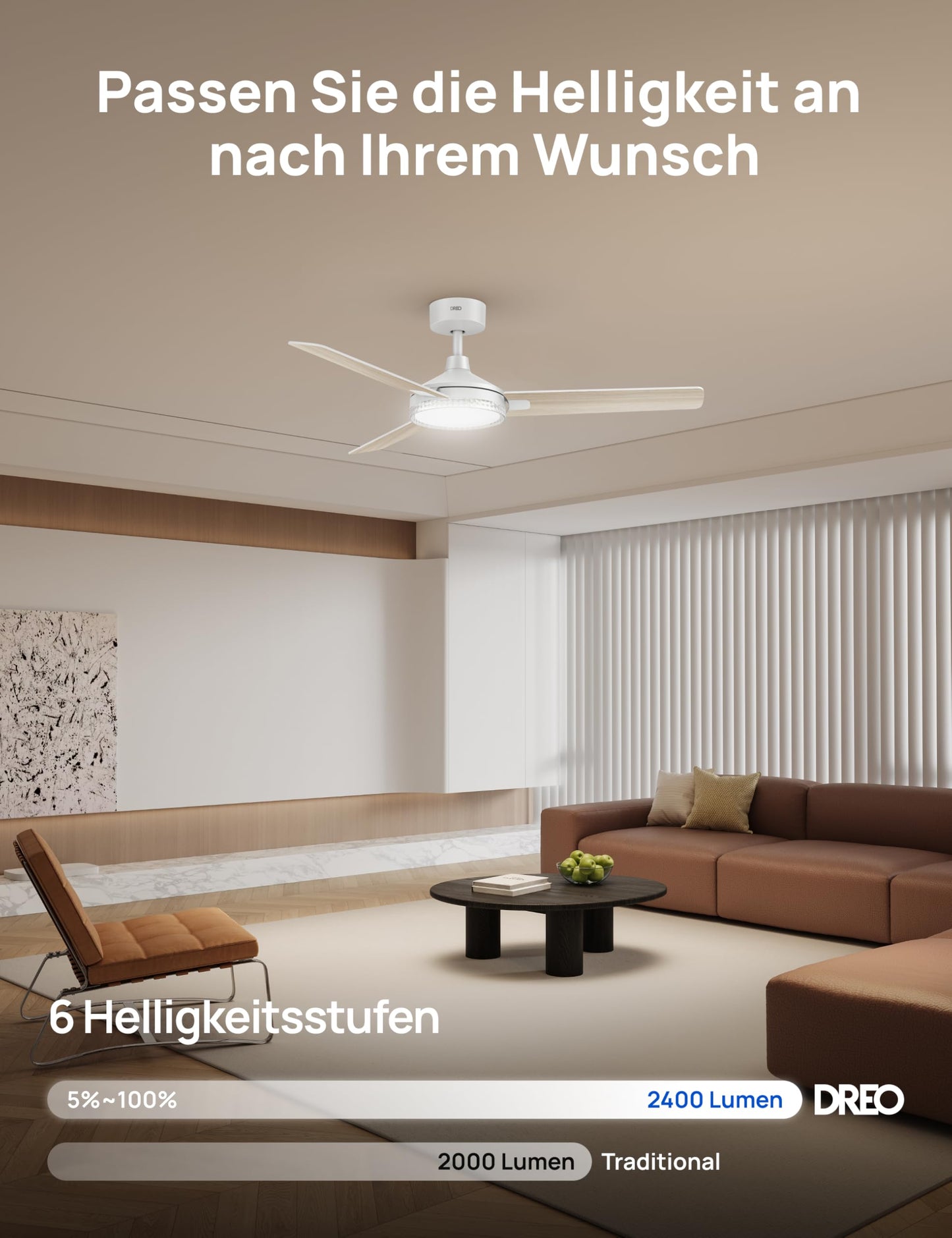 DREO ceiling fan with lighting and remote control, 132 cm white fan ceiling with light and Alexa, 5 CCT colors, 6 levels dimmable, 6 levels, quiet reversible DC motor, timer (1/4/8h) - DR-HCF004