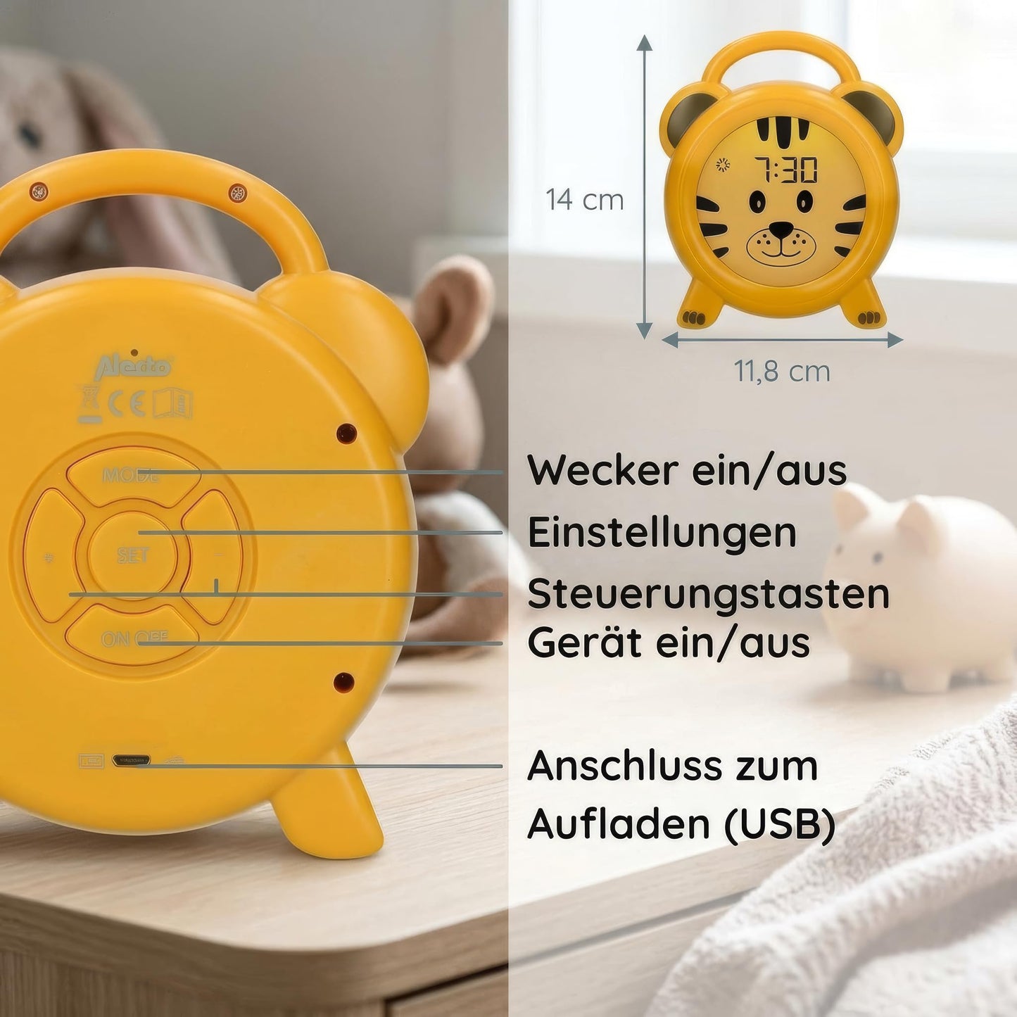 Alecto Monkey Alarm Clock Children - Children's Alarm Clock USB Rechargeable - Children's Alarm Clock with Night Light - Sleep Trainer (Yellow) - BC100TIGER