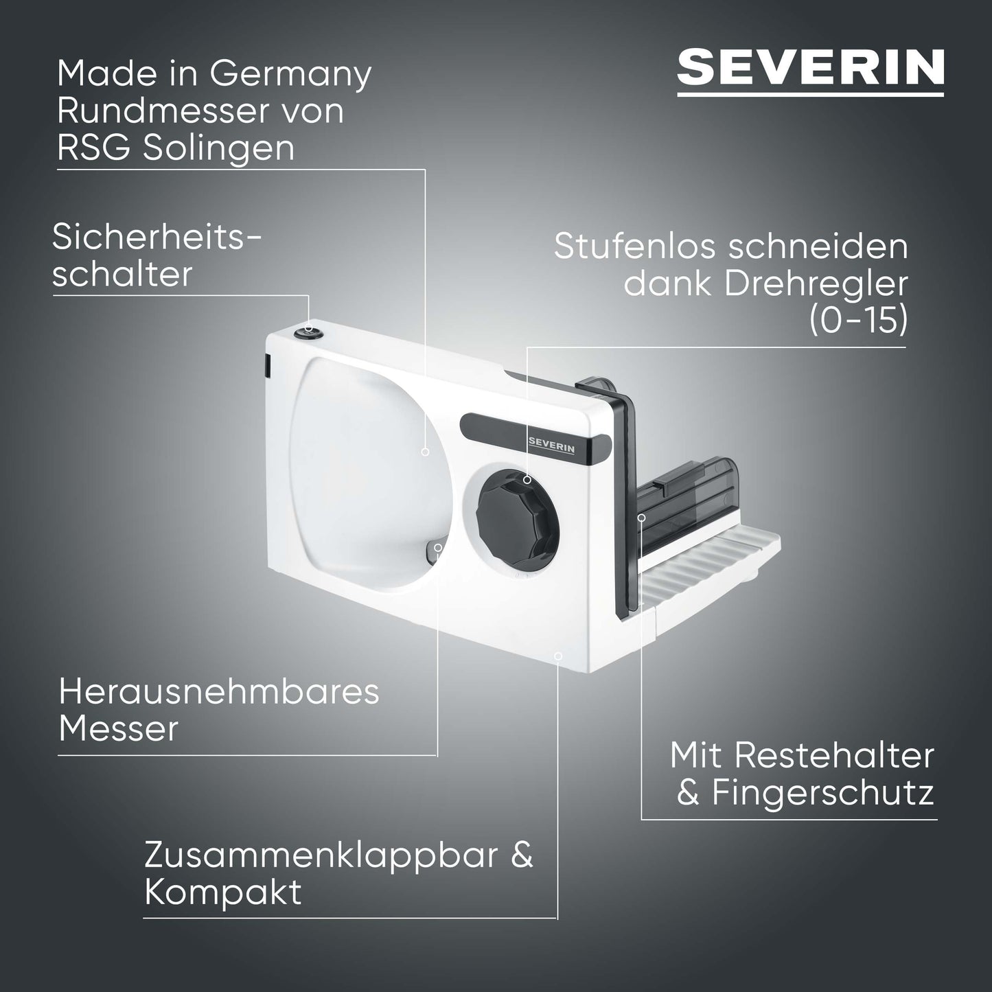 Severin all-purpose slicer for bread, cold cuts or cheese, bread slicer with infinitely adjustable cutting thickness, slicer with finger protection, white-black, AS 3912