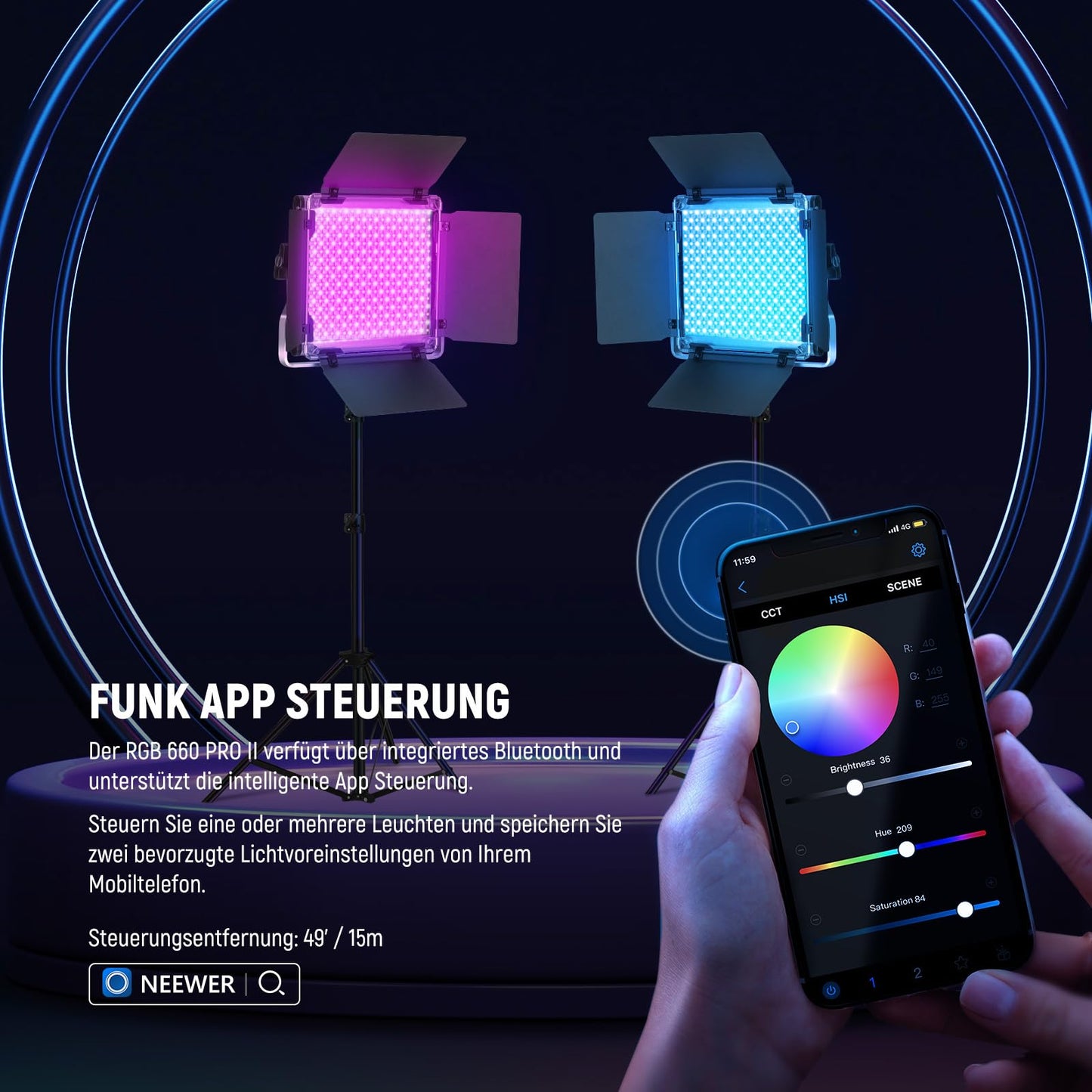 NEEWER Upgraded RGB LED Studio Video Light with Tripod Stand, App Control 50W 7000Lx CRI97+ 3200-5600K Dimmable Panel Key Light Set for Game Streaming, YouTube Recordings, Photography, RGB660 PRO II - 10106194