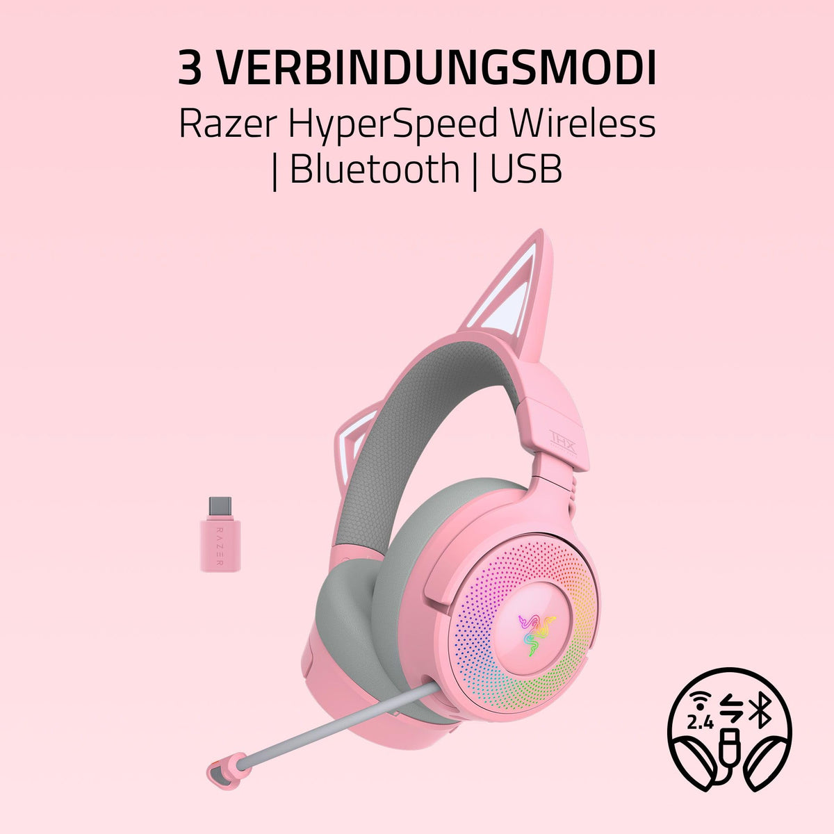 Razer Kraken Kitty V3 Pro - Wireless RGB Kitty Headset for Gaming - Reactive Streaming Cat Ears - Triforce 40mm Drivers - Hyperspeed Wireless & Bluetooth - THX Spatial Audio | Quartz - RZ04-05170200-R3M1
