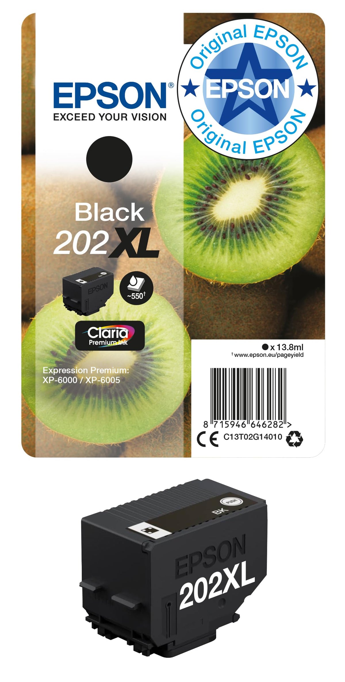 Epson 202XL Black Kiwi High Yield Genuine, Claria Premium Ink Cartridge - C13T02G14010