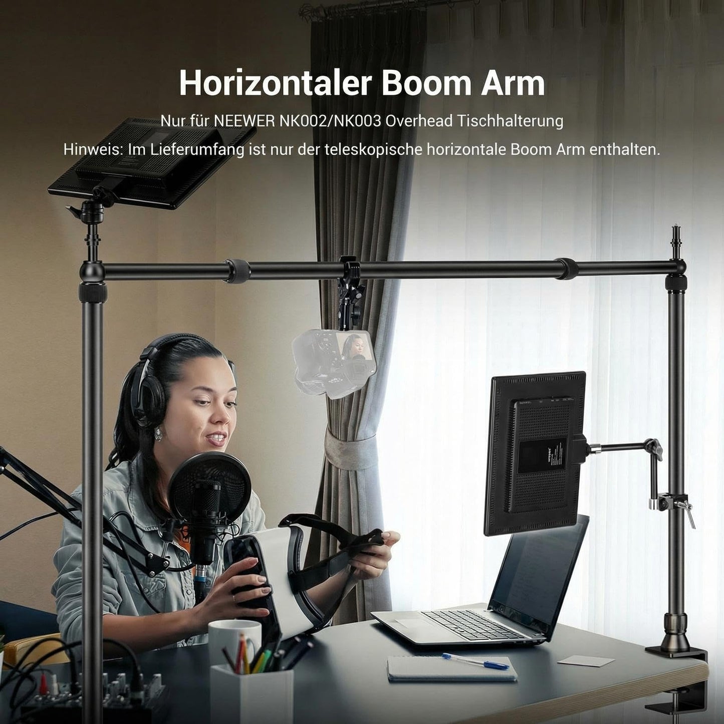 NEEWER 85-150cm Horizontal Boom Arm only for NEEWER NK002 NK003 Overhead Table Camera Mount Rig Webcam Stand, Telescopic Cross Arm for Mobile Phone Holder LED Light Video Recording Streaming, NK009