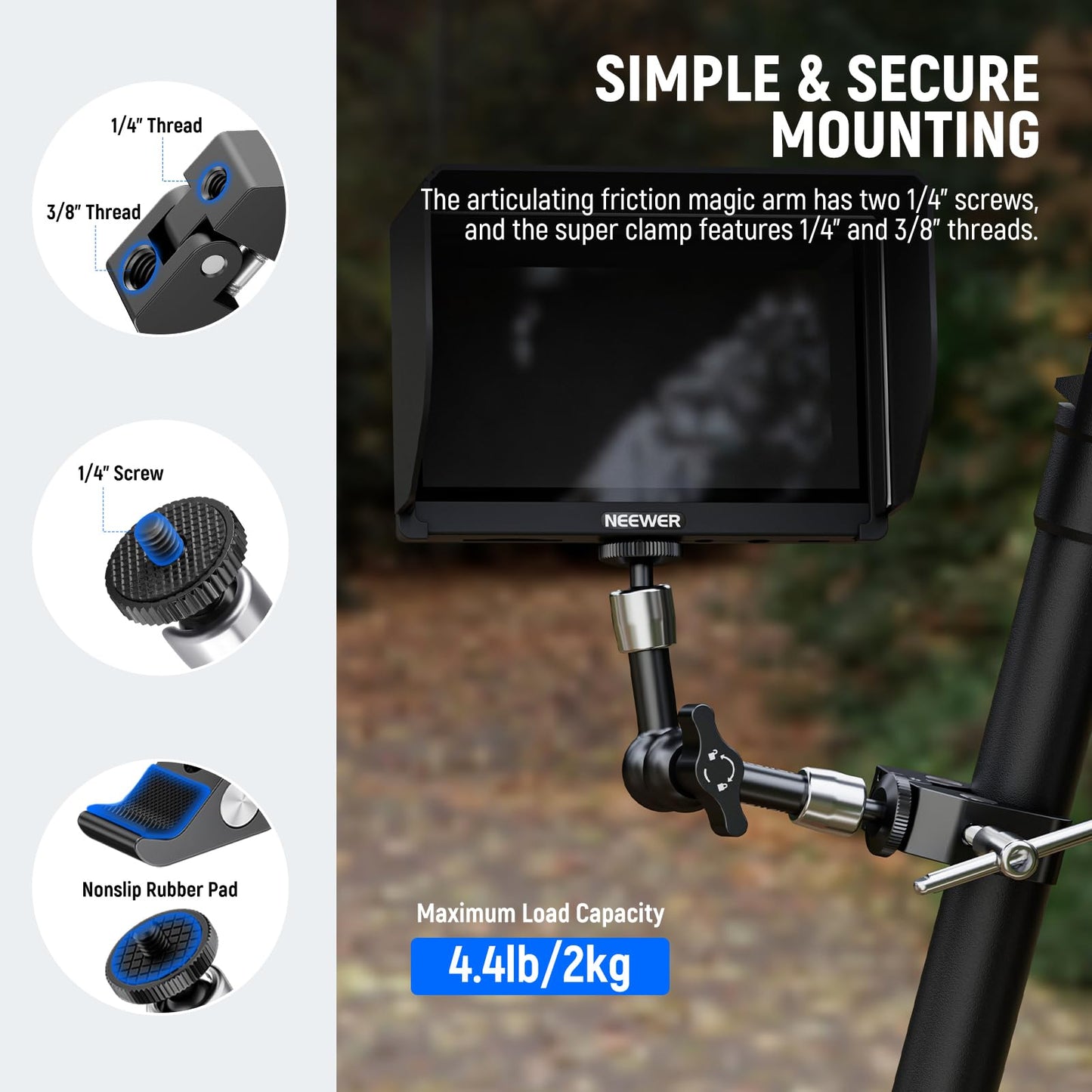 NEEWER 6"/15cm Magic Arm adjustable with Super Clamp, 1/4" and 3/8" thread, 1/4" screws for flash/LED light/microphone/monitor compatible with SmallRig camera cage, maximum load: 2kg, ST15C