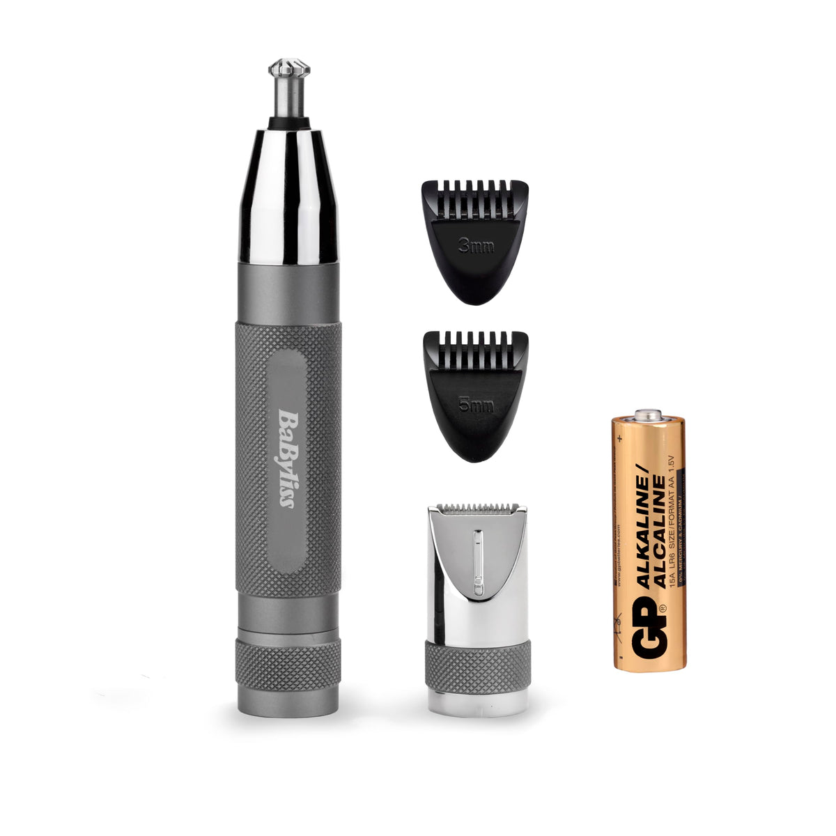 BaByliss Super-X Metal Precizie Detailing Trimmer – 3 în 1 pentru nas, urechi și sprâncene, 2 capete, 2 capete de pieptene, funcționează cu baterii – E116E