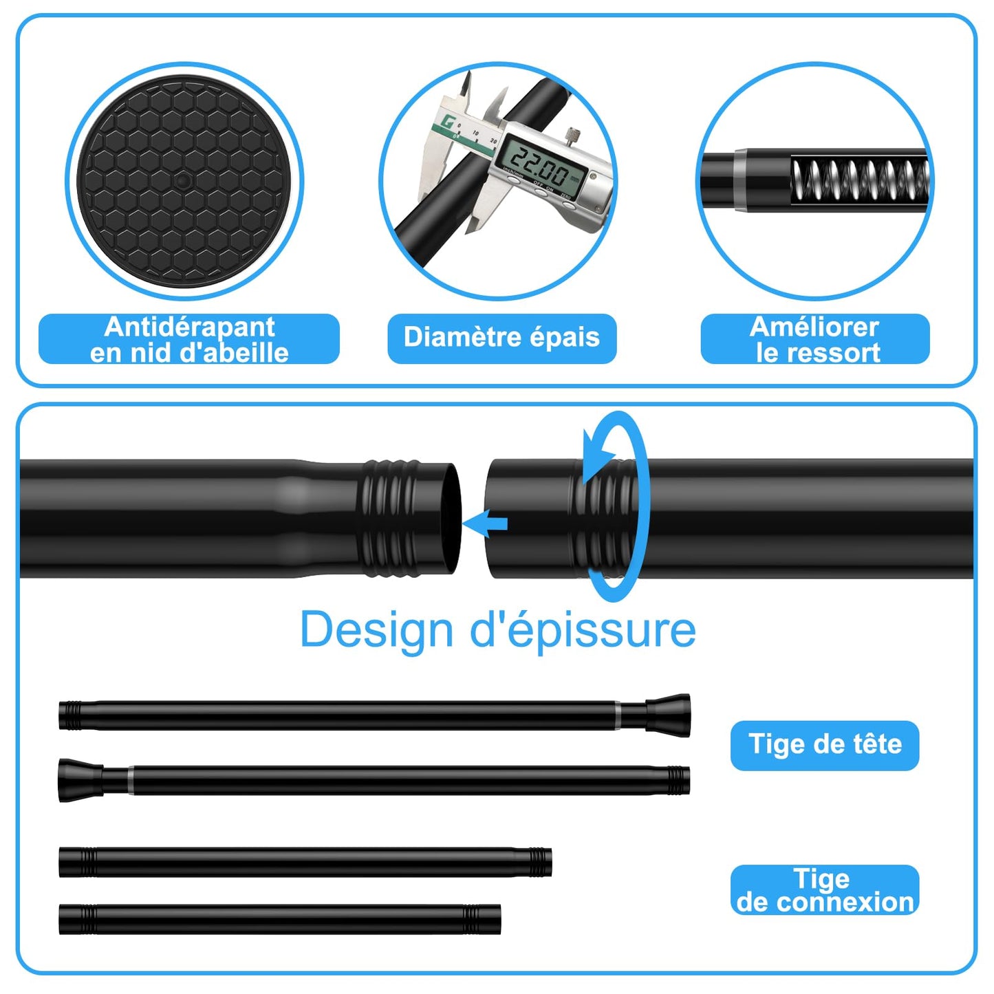 ZipGlo shower curtain rod 115-195cm extendable shower curtain rod for bathroom, window, wardrobe, no drilling, black, 1 piece, diameter 22 mm - 110-190CM