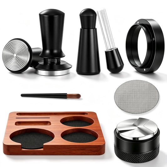 NPOIAUG Set de accesorii pentru espresso 7 piese – WDT Tool, Tamper, Distributor, Dosierring & Tamperstation | Set de barista din oțel inoxidabil pentru mașini de cafea cu portafiltru | Accesorii pas cu pas pentru cafenea (51mm) - ZQ-KFYF