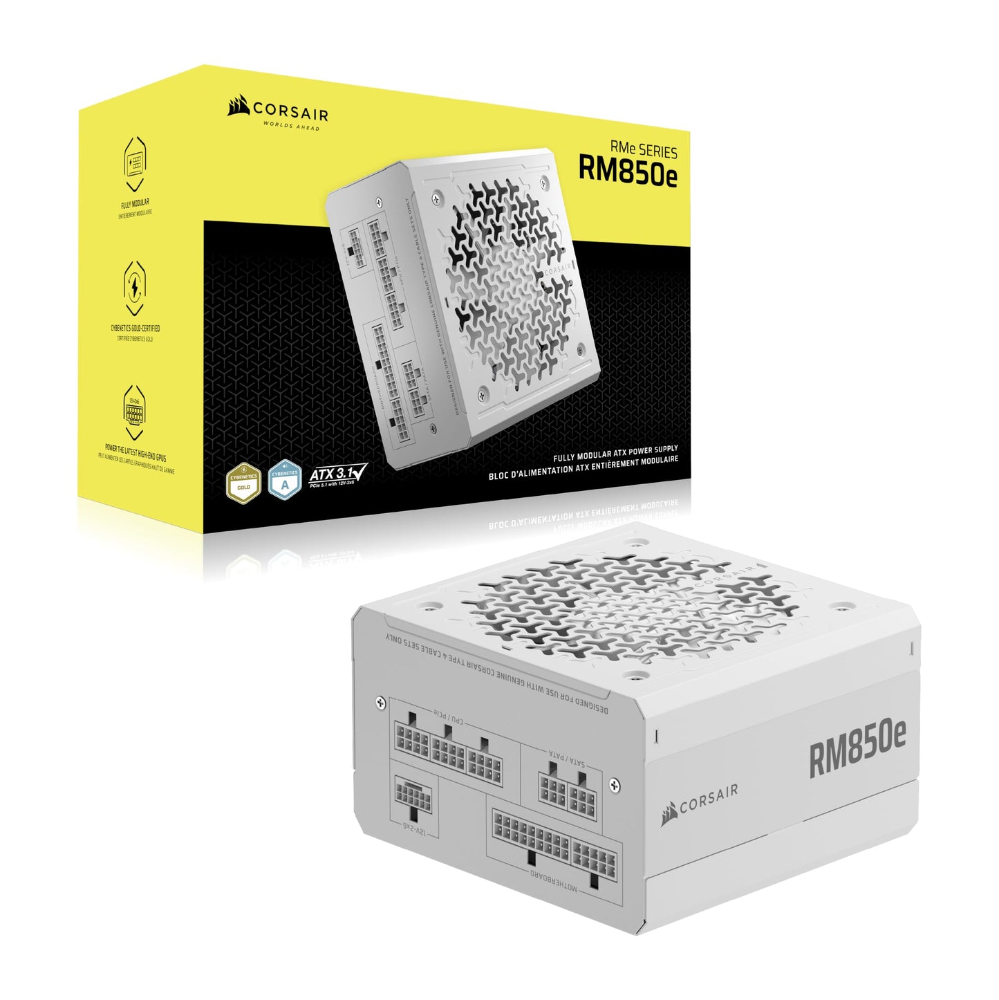 CORSAIR RM850e (2025) Quiet Fully Modular ATX Power Supply with 12V 2x6 Cable - Zero RPM Fan Mode, ATX 3.1 Compliant, PCIe 5.1 Support, Cybenetics Gold - White - CP-9020293-EU