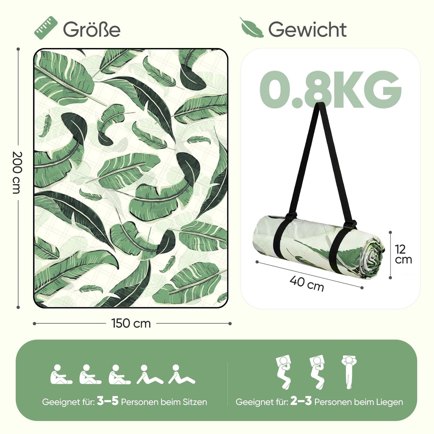 Sekey picnic blanket, waterproof, 150 x 200 cm, beach blanket, sand-free Padded, three-layer structure, PEVA waterproof base, tie strap carry strap, suitable for picnic, camping, beach - PM10