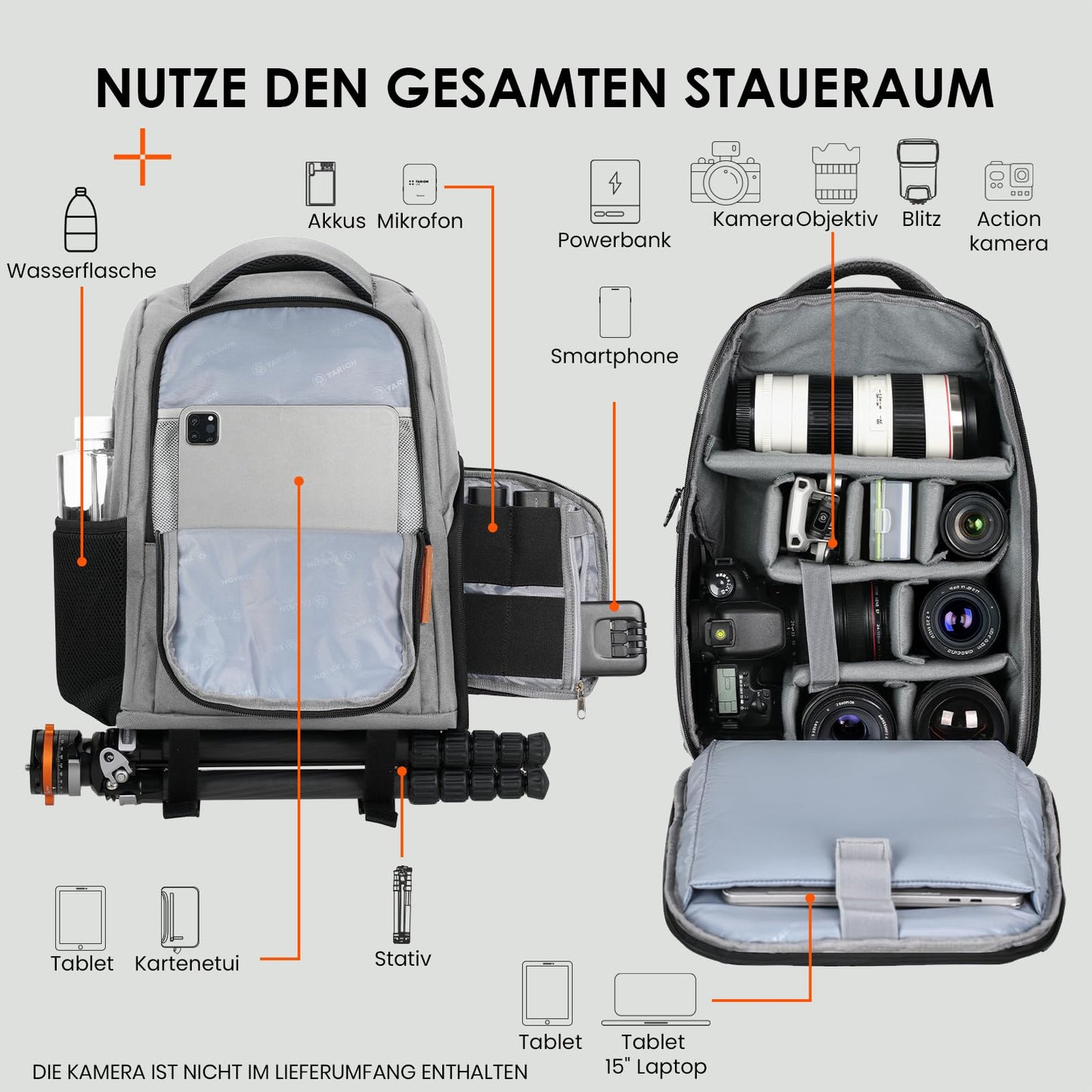 TARION camera backpack lightweight camera backpack with 15 inch laptop compartment gray - TB02-GY-EU