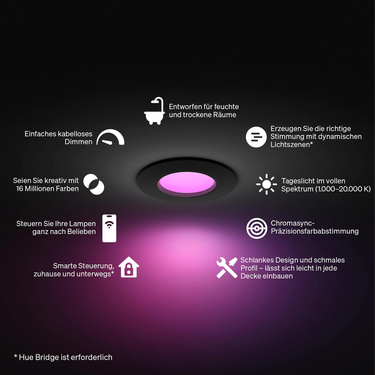 Philips Hue Slim Downlight, iluminare LED inteligentă, 1.000 lm, 90 mm, design subțire, spectru complet de lumină naturală 1.000–20.000 K, extrem de dimabil, culoare precisă, iluminat inteligent, negru, pachet de 1 bucată - 929004291101