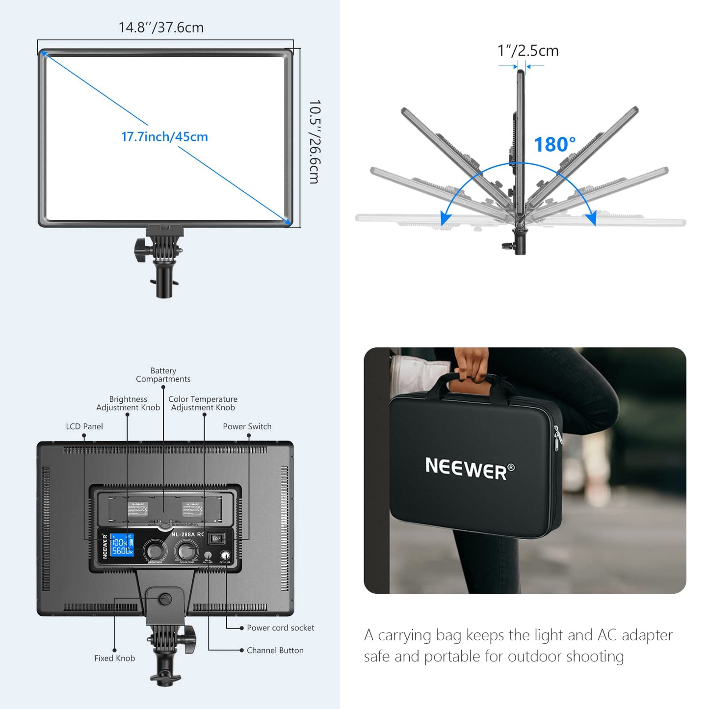 NEEWER NL288 LED video panel light with 2.4G remote control and adapter, 45W, 4800Lux, 3200K-5600K, CRI97+, dimmable two-color light panel for photo, YouTube, live stream (battery not included) - 10097709