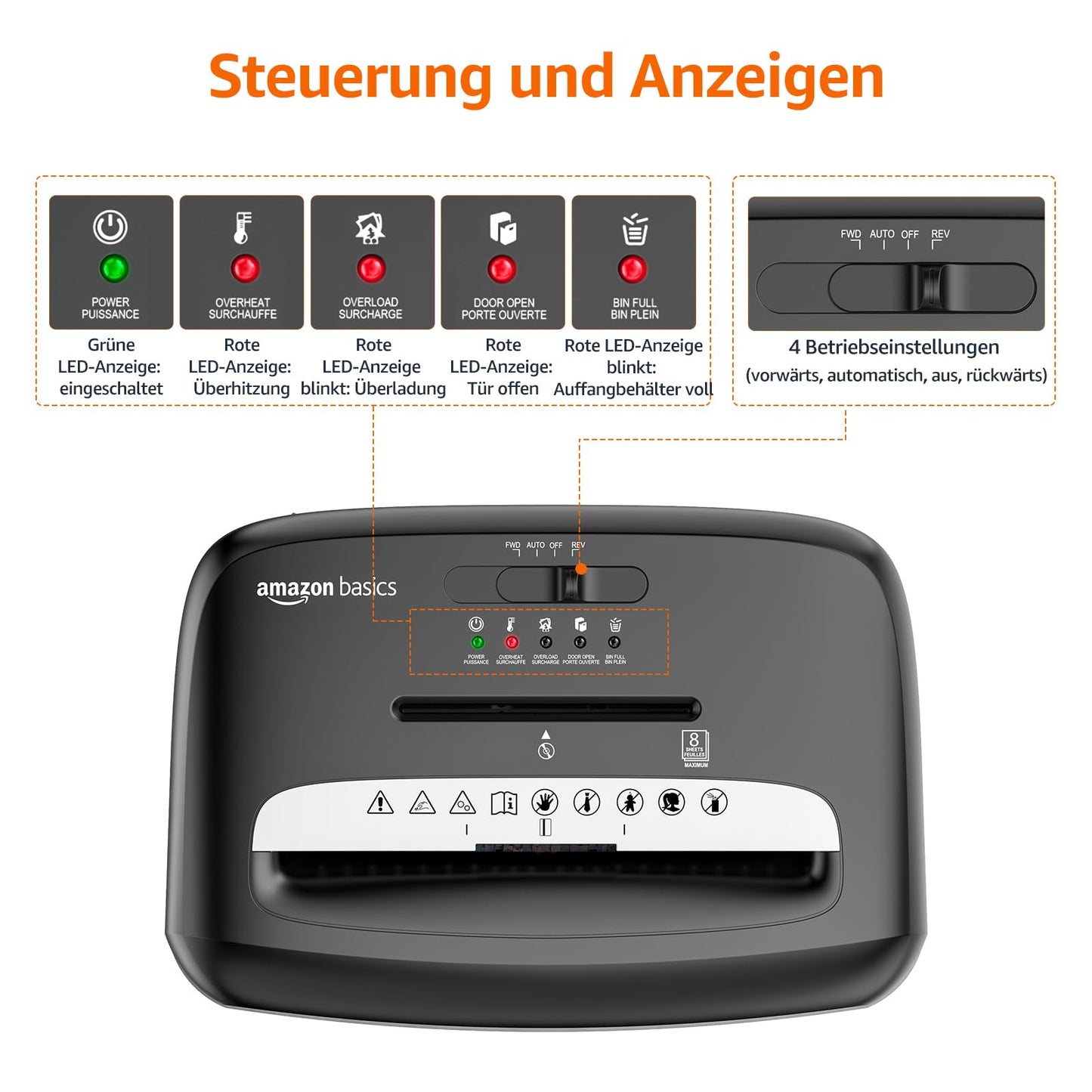 Amazon Basics document shredder with microparticle cut, 8 sheets, with transparent viewing window, for documents, CDs and credit cards, 15l collection container, black - C217-C