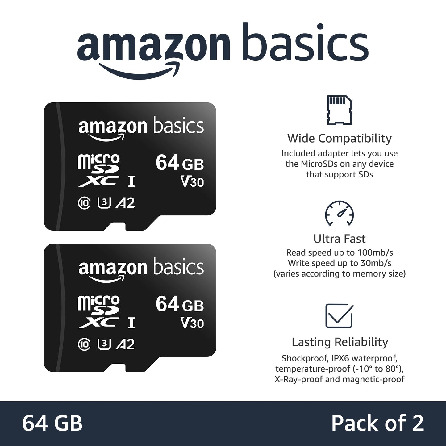 Amazon Basics microSDXC Memory Card with Adapter Full Size A2 U3 Read Speed up to 100MB/s 64GB Black (Pack of 2) (Pack of 2) - LSMICRO64GU3D