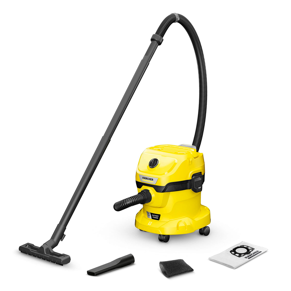 KÄRCHER Battery Wet/Dry Vacuum Cleaner WD 2-18, including filter, crevice and wet/dry suction nozzle, 225 Watts, plastic container: 12 l, suction hose: 1.8 m, without battery, without charger, Yellow - 1.628-500.0