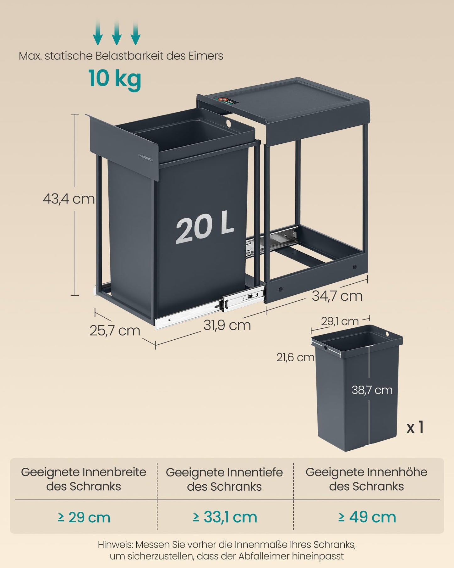 SONGMICS Kitchen trash can, for base cabinet, 1 x 20 L, extendable waste bin, steel frame, ABS lid, gray LTB920GZ01