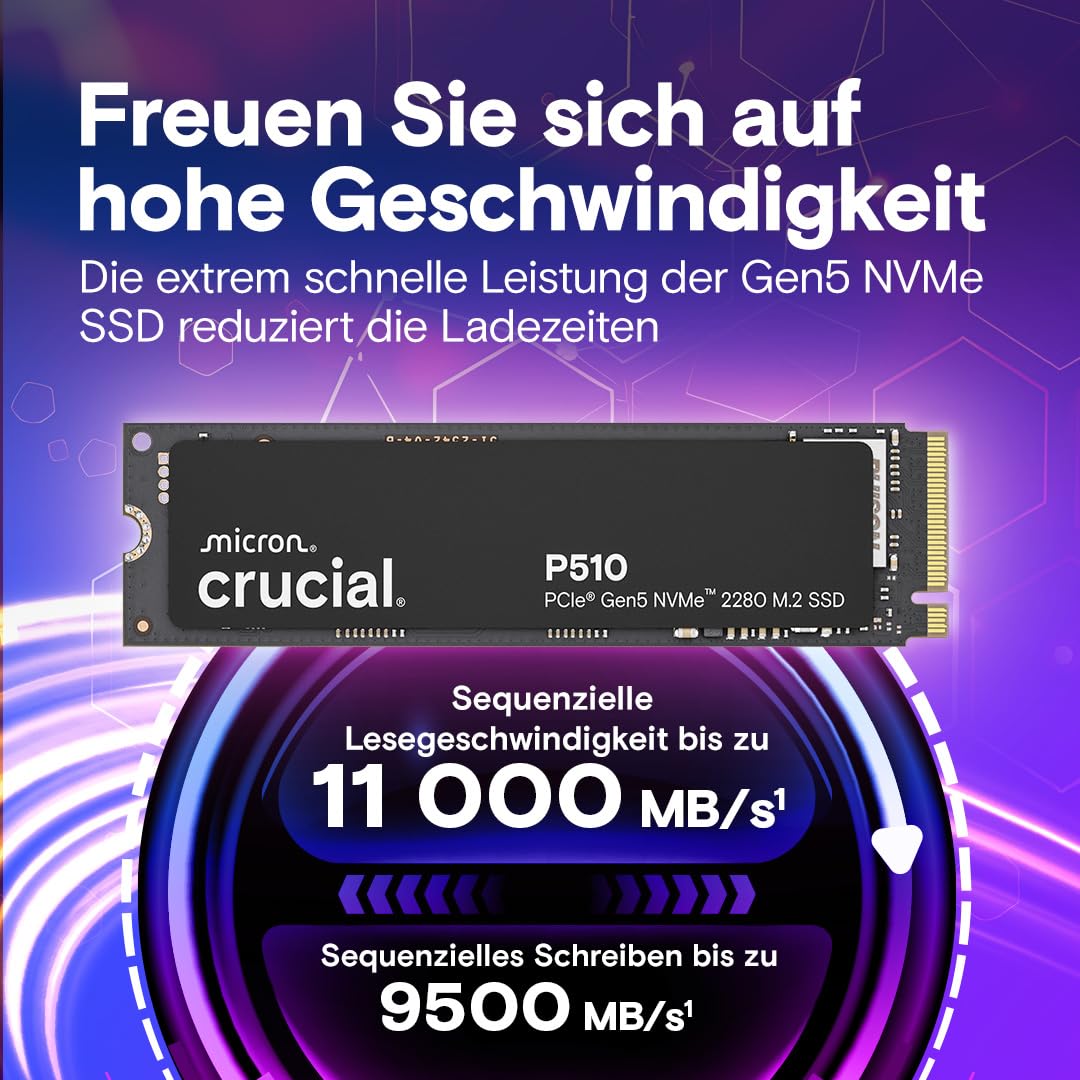 Crucial P510 SSD 1TB M.2 NVMe PCIe 5.0 x4 Gen5, up to 11,000 MB/s read, 9,500 MB/s write, for laptop and desktop PC, TLC NAND, internal hard drive - CT1000P510SSD8-01
