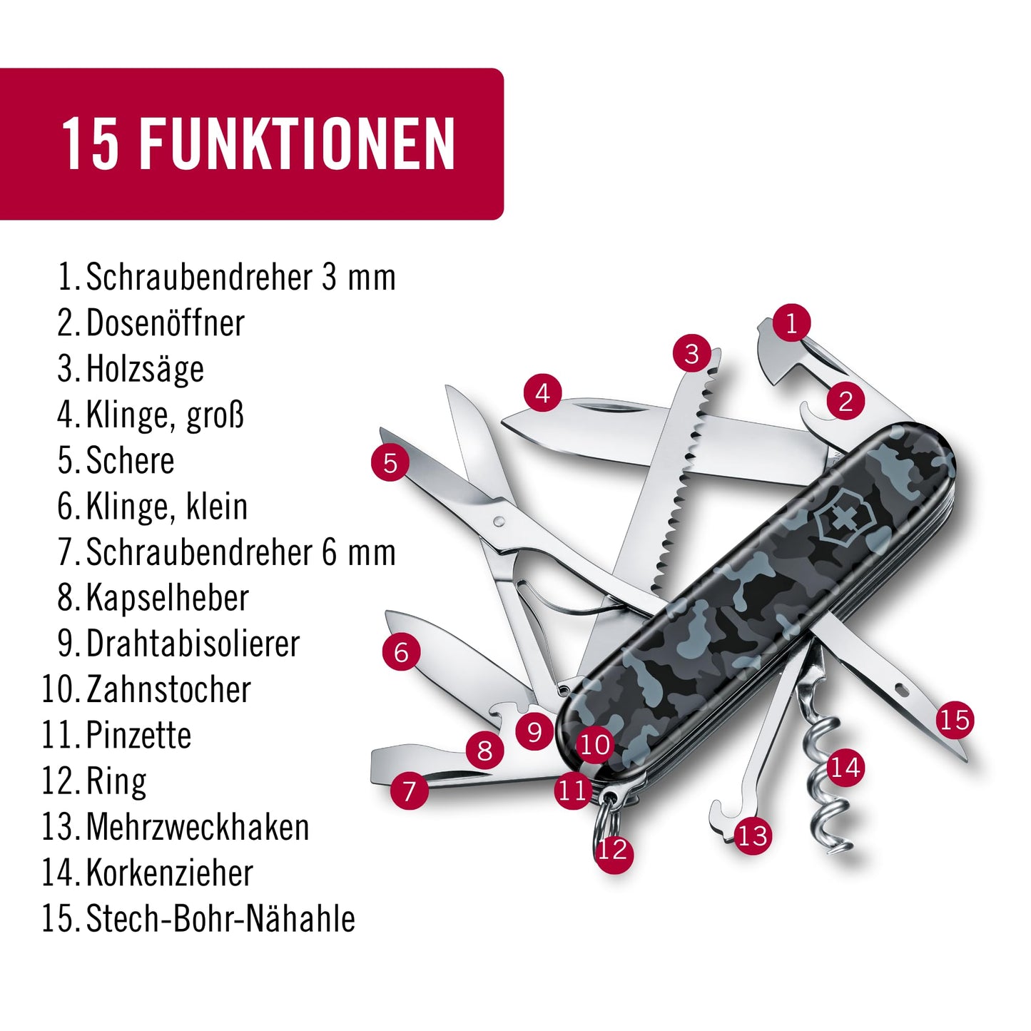 Victorinox Swiss Army Knife Huntsman, Multitool, Swiss Army Knife with 15 functions, blade, corkscrew, can opener, folding box, navy camouflage - 1.3713.942