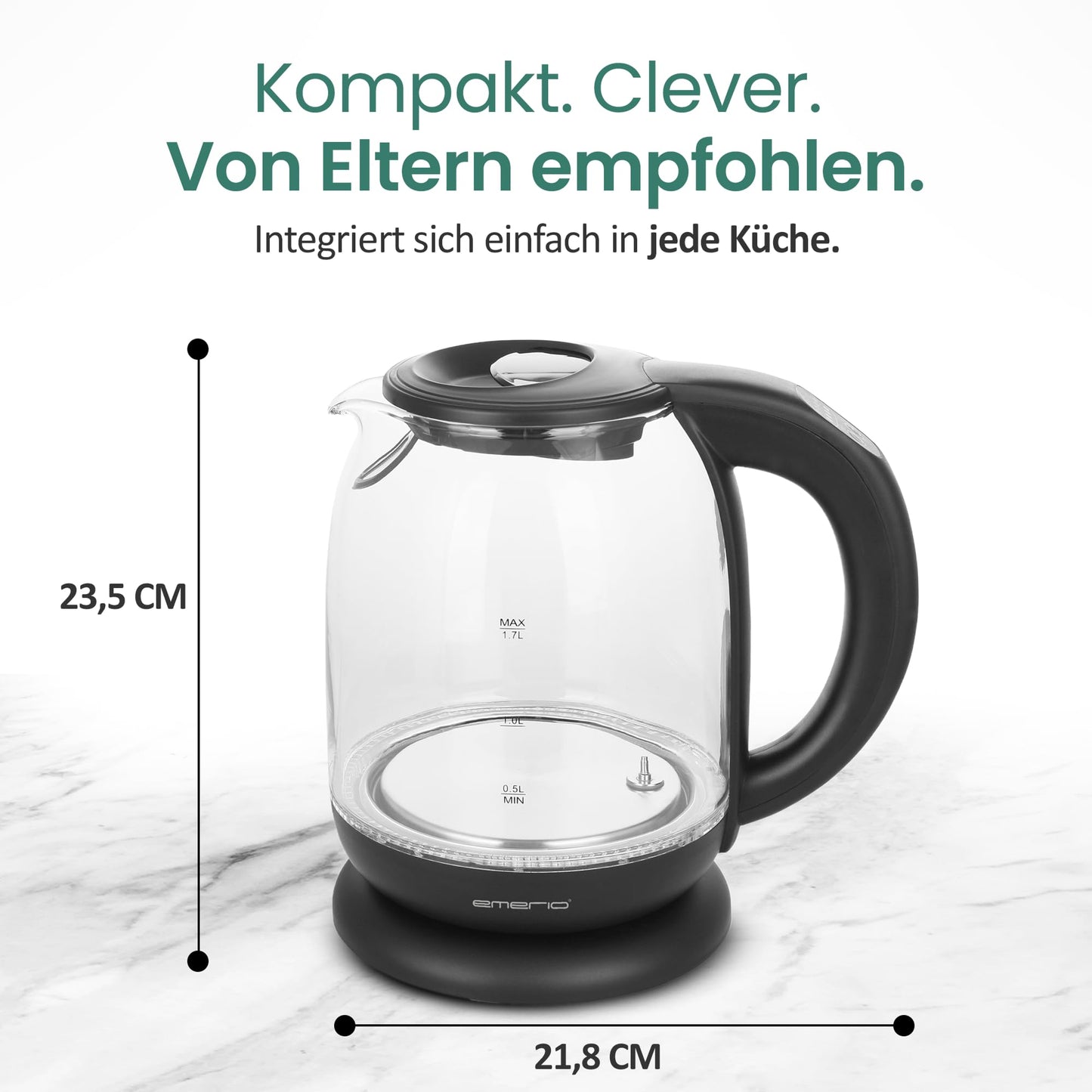 EMERIO kettle | TEST WINNER Home & Garden Test 02/2019 | made of high-quality borosilicate glass | with temperature selection (60-70-80-90-100°C) | AutoOff & boil-dry protection & warm keeping | 2200W | WK-119255.5
