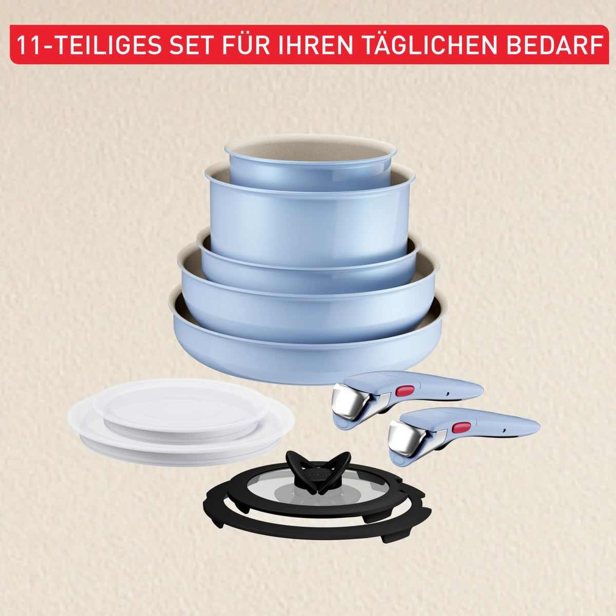 Set de vase Tefal Ingenio Serenity 11 piese – set stivuitor și economisitor de spațiu din aluminiu, cu înveliș antiaderent Mineralia, mânere detașabile, compatibil cu toate tipurile de plite, inclusiv inducție, Calm Blue - L827SB04