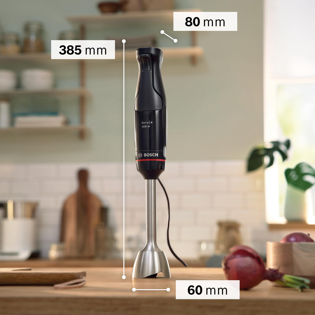 Bosch ErgoMaster Series 4 Hand Blender, with chopper, mixing/measuring cup, stainless steel blades, durable, wear-free ceramic coupling, 1000 Watts, black, MSM4B620
