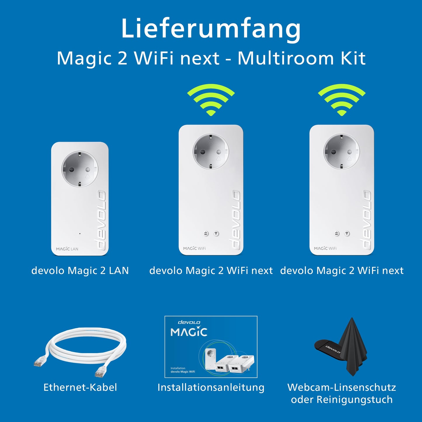 devolo Magic 2 WiFi next Multiroom Kit, WiFi powerline adapter, up to 2,400 Mbit/s, mesh WiFi socket, 2x Gigabit LAN, access point, dLAN 2.0, white - 8635