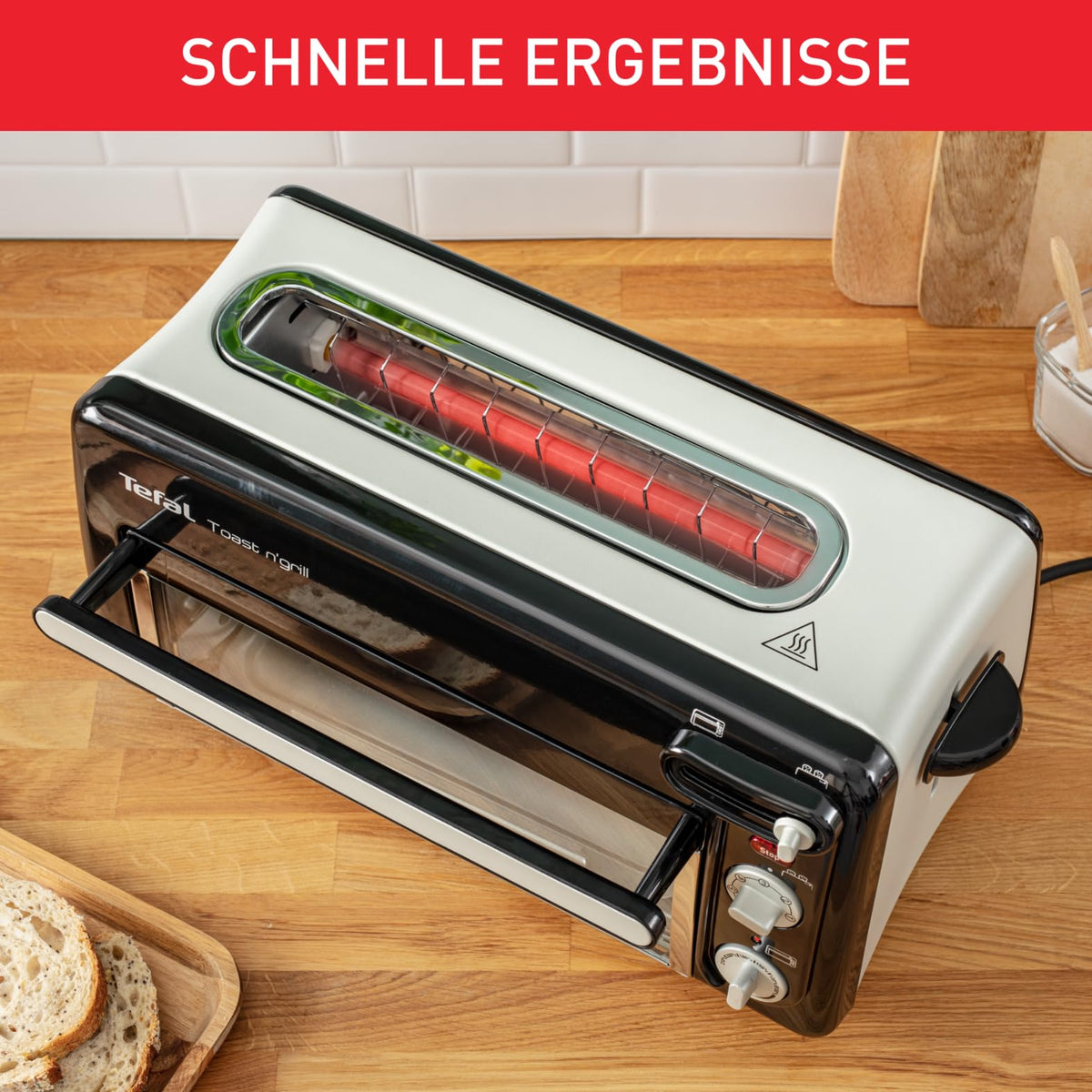 Tefal RETRO Toast n’ Grill – 2-in-1 Toaster and Mini Oven, 1300 W, energy-efficient mini oven for toasting, grilling & reheating, compact, Black/Matt Aluminum, TL6008 [Energy Class A++] - TL600830