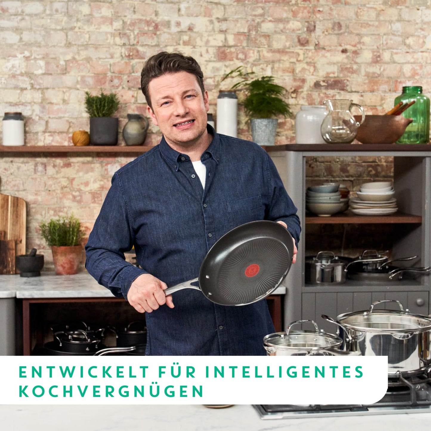 Tefal Jamie Oliver Cook's Direct On frying pan 24 cm, induction pan, non-stick coating, thermal signal at ideal frying temperature, oven safe, stainless steel pan, riveted handle, E3040444
