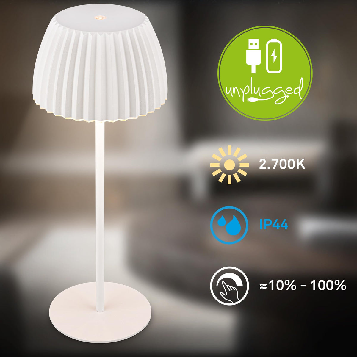 BRILONER - Riffle LED table lamp, wireless, IP44 with light edge, touch dimmer, replaceable battery, bedside lamp, reading lamp, LED lamp, battery lamp, German Design Award Winner 2025, 14.5x36.5 cm, White - 7553016