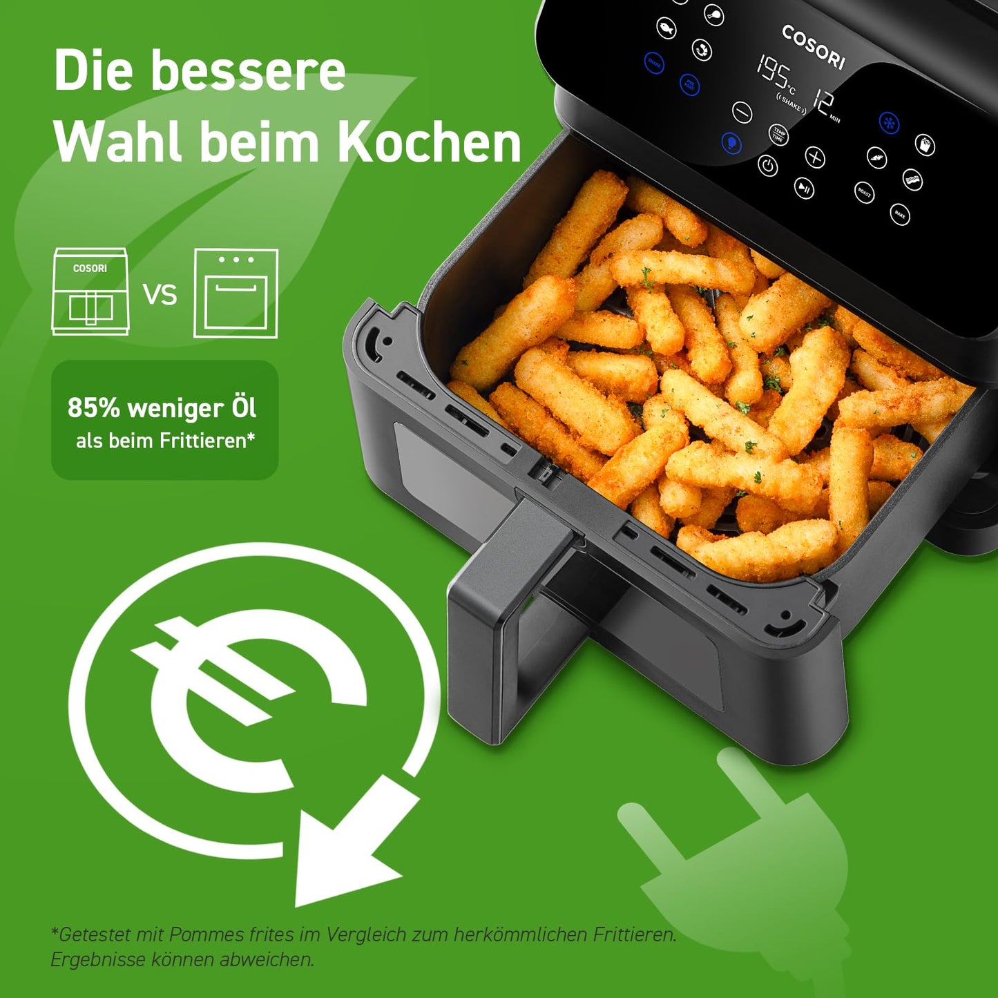 COSORI Airfryer, hot air fryer 6.2L with viewing window and shake reminder, 12-in-1 hot air fryer, deep fryer 85 percent less fat, 50 recipes, 55 percent energy saving, easy to clean