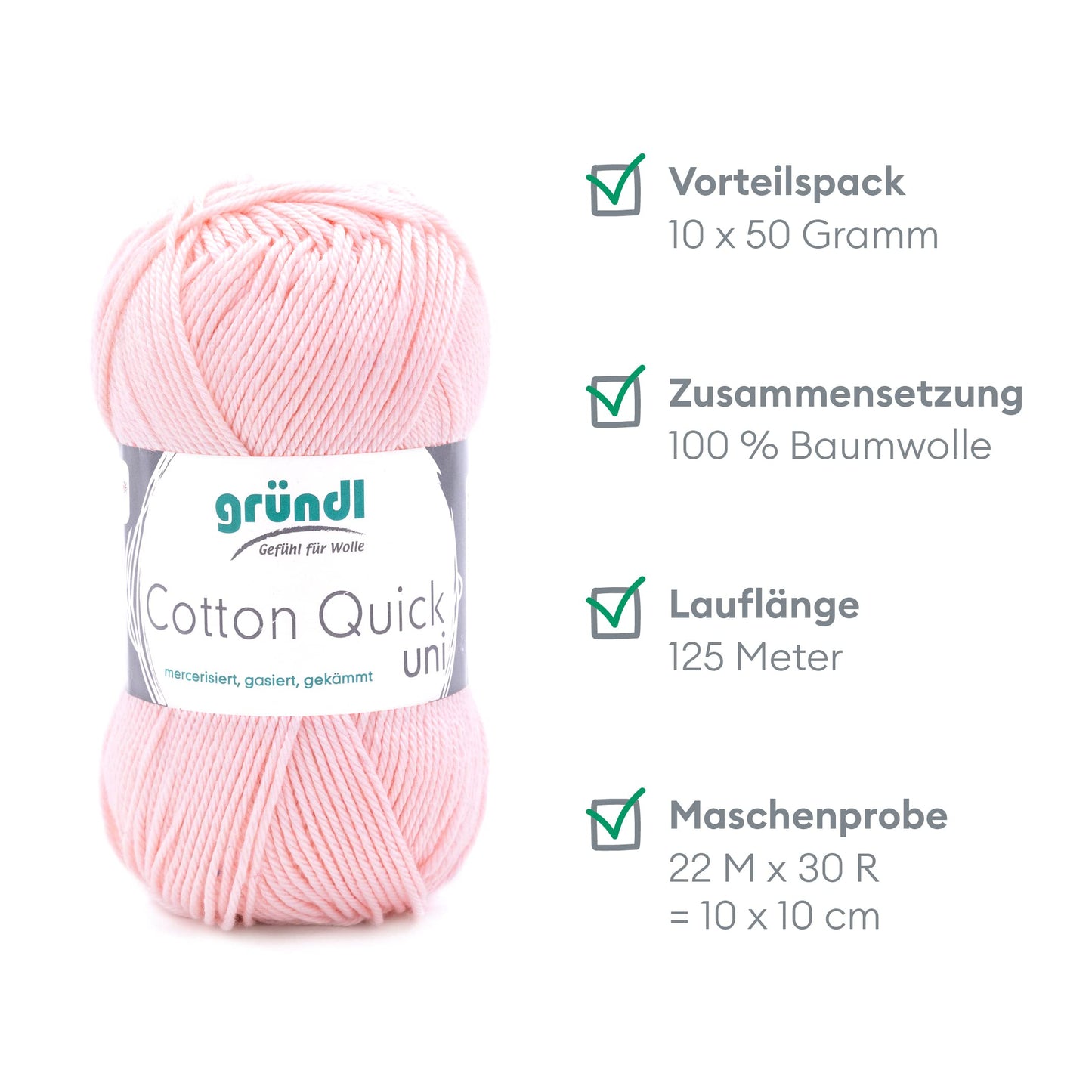 Gründl Wolle Cotton Quick uni - thin wool for crocheting - knitting yarn - crochet yarn - shiny and skin-friendly - 100% cotton - 10 balls 50 g / 125 m - needle size 3-4 - light pink - 865-133
