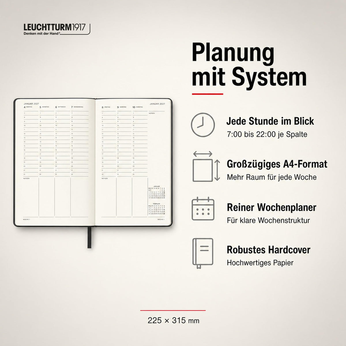 LEUCHTTURM1917 planificator săptămânal 2027 A4+ (Master) - germană, negru, 315 x 225 mm, ianuarie-decembrie (12 luni), prezentare generală săptămânală cu grilă orară 7:00-22:00 per coloană, copertă cartonată, hârtie de 100 g/m² - 400140