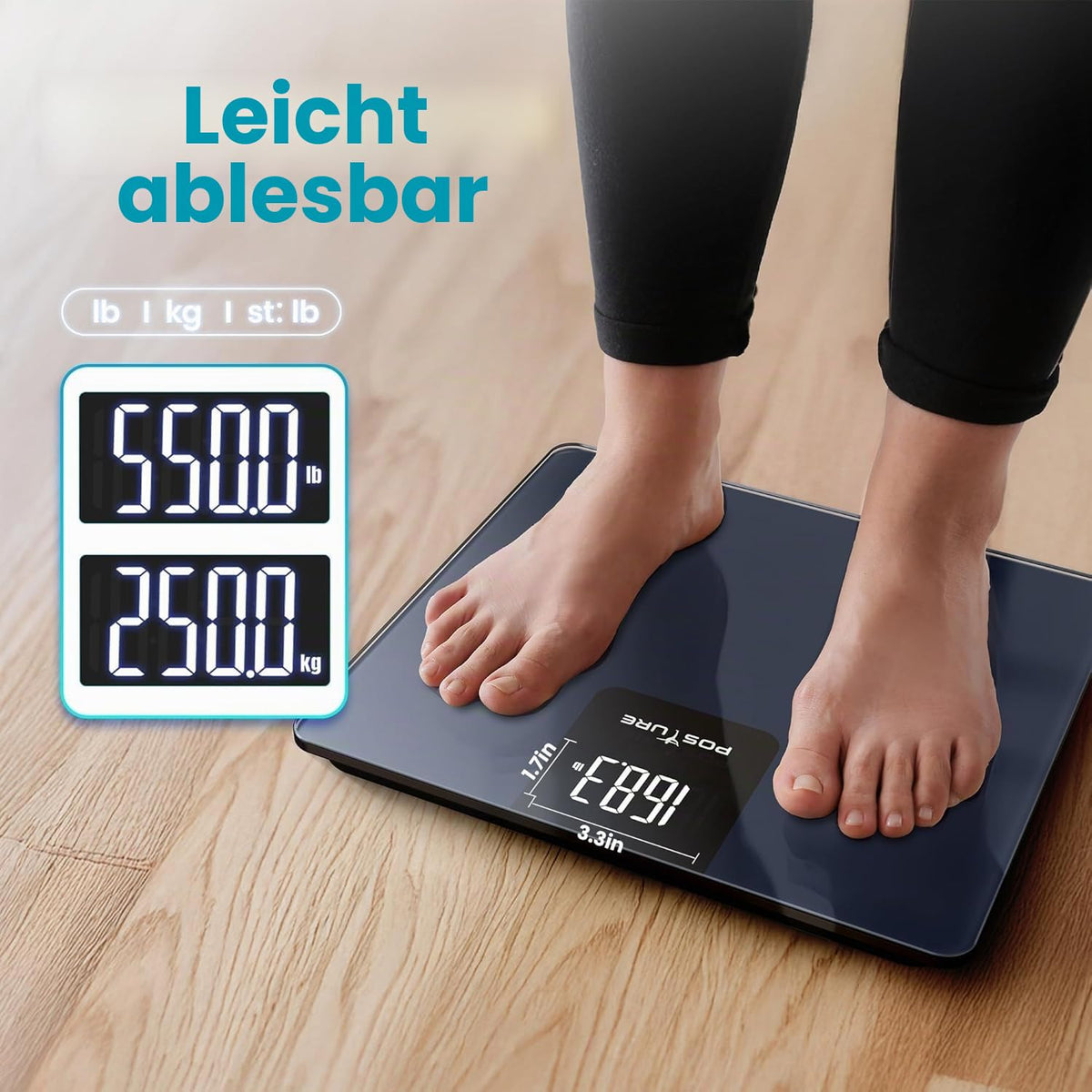 Posture Personal Scale, Digital Body Scale with 250 kg Load Capacity, High-Precision Personal Scale with Extra Wide Platform, Large LED Display, and Durable 8 mm Tempered Glass Plate for Home - BG1911W-P