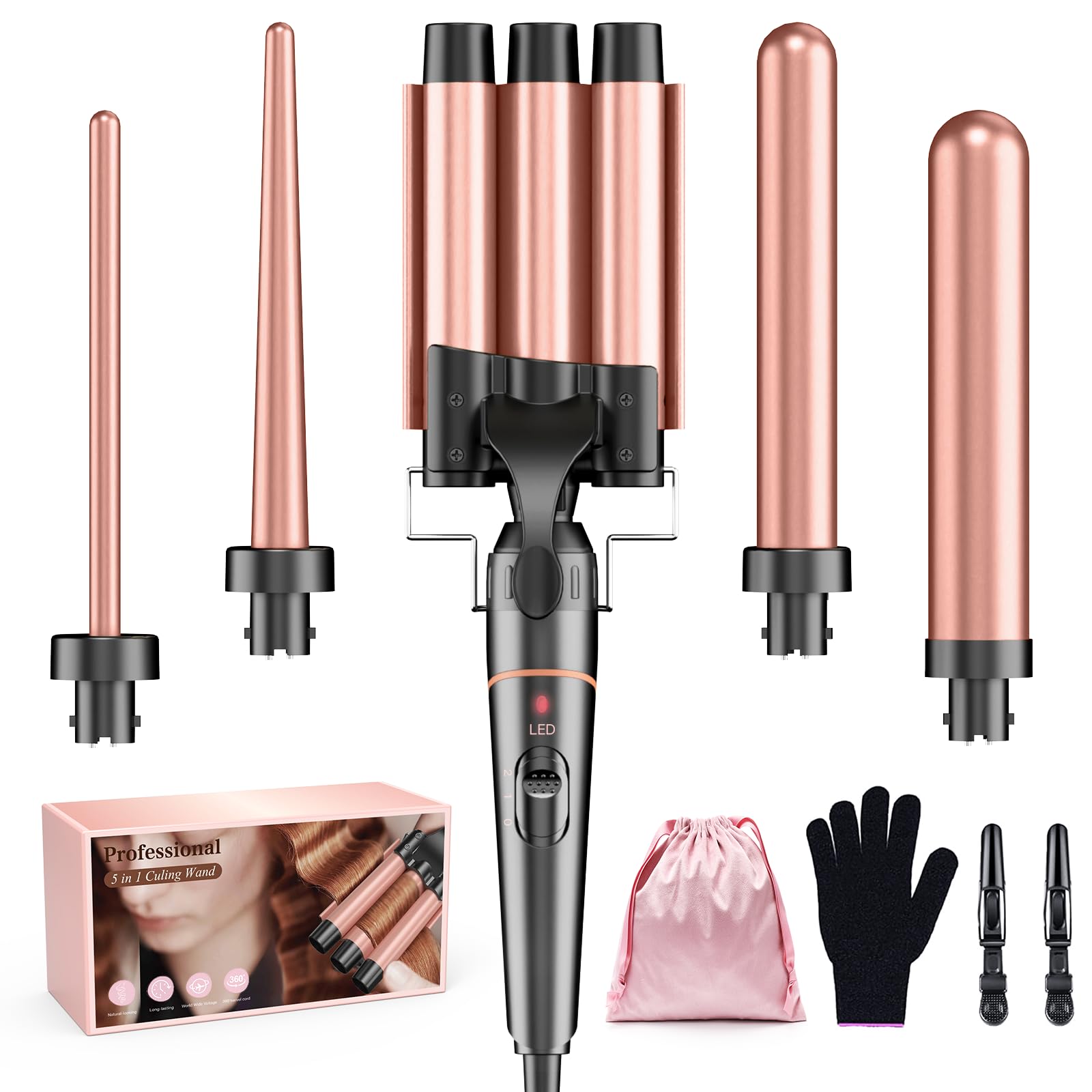 Curling irons 3 barrels for large-BESTOPE PRO curling iron set 5 in 1 curls with adjustable temperature Ceramic hair curlers with various attachments Fast heating, glove, 2 clips - BP06028-ROGEU