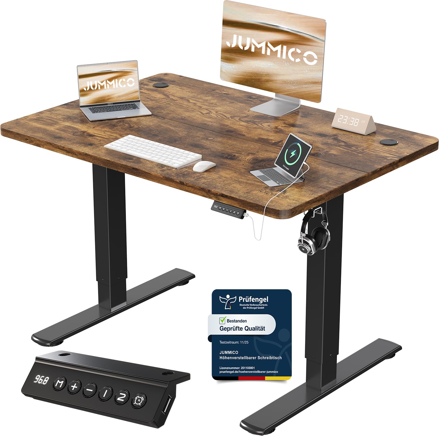JUMMICO Birou reglabil pe înălțime cu port de încărcare USB, birou reglabil electric pe înălțime 100 x 60 cm, masă stand-sit, birou standing, masă de calculator reglabilă, birou standing, maro - 0403