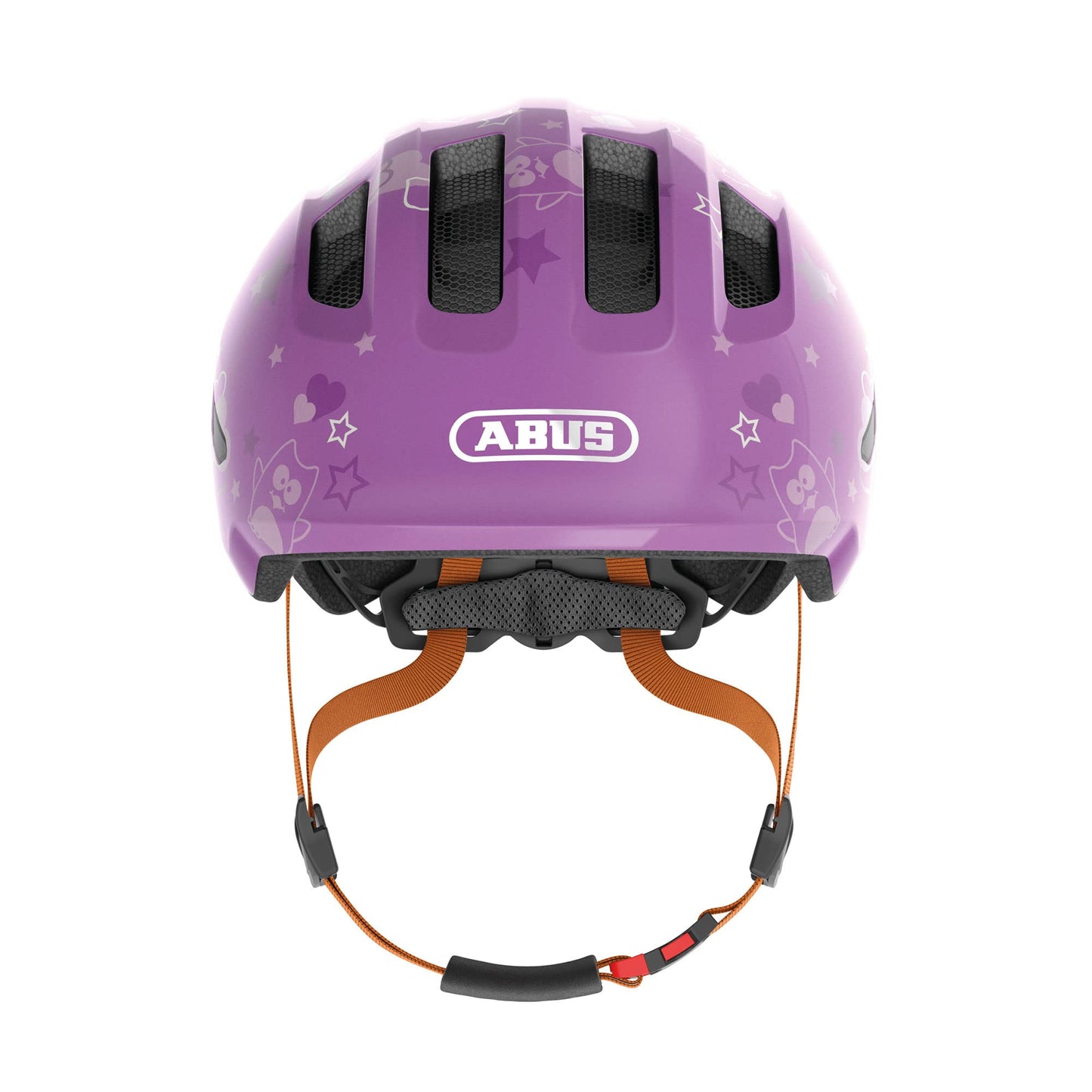 ABUS children's helmet Smiley 3.0 - bicycle helmet with a deep fit, child-friendly designs & space for a braid - for girls and boys - purple with owl pattern, size S - 67259