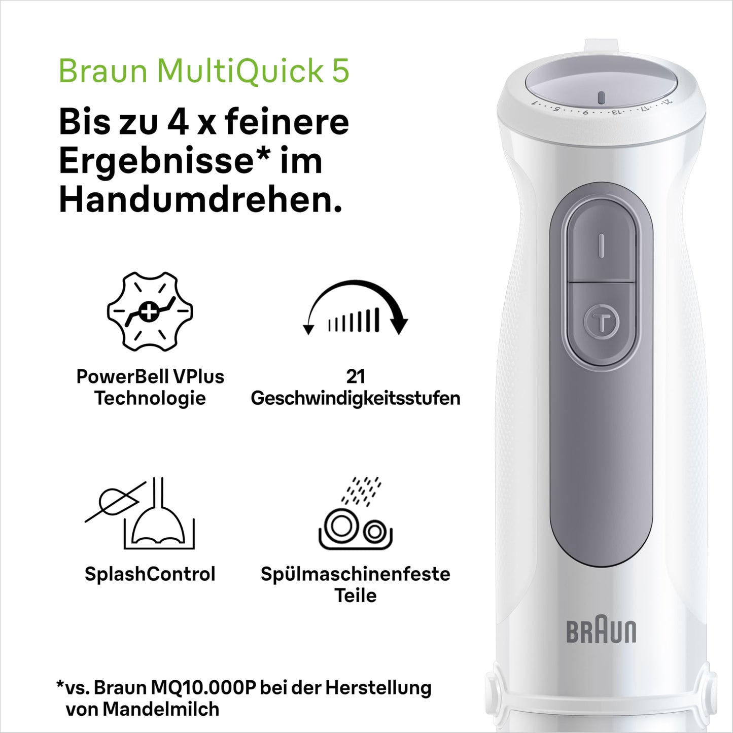 Braun hand blender MultiQuick 5 MQ 50001 M, 1000W, 21 speed levels + turbo, stainless steel puree foot, Easy Click System, SplashControl, incl. 600ml cup, white - MQ50001M