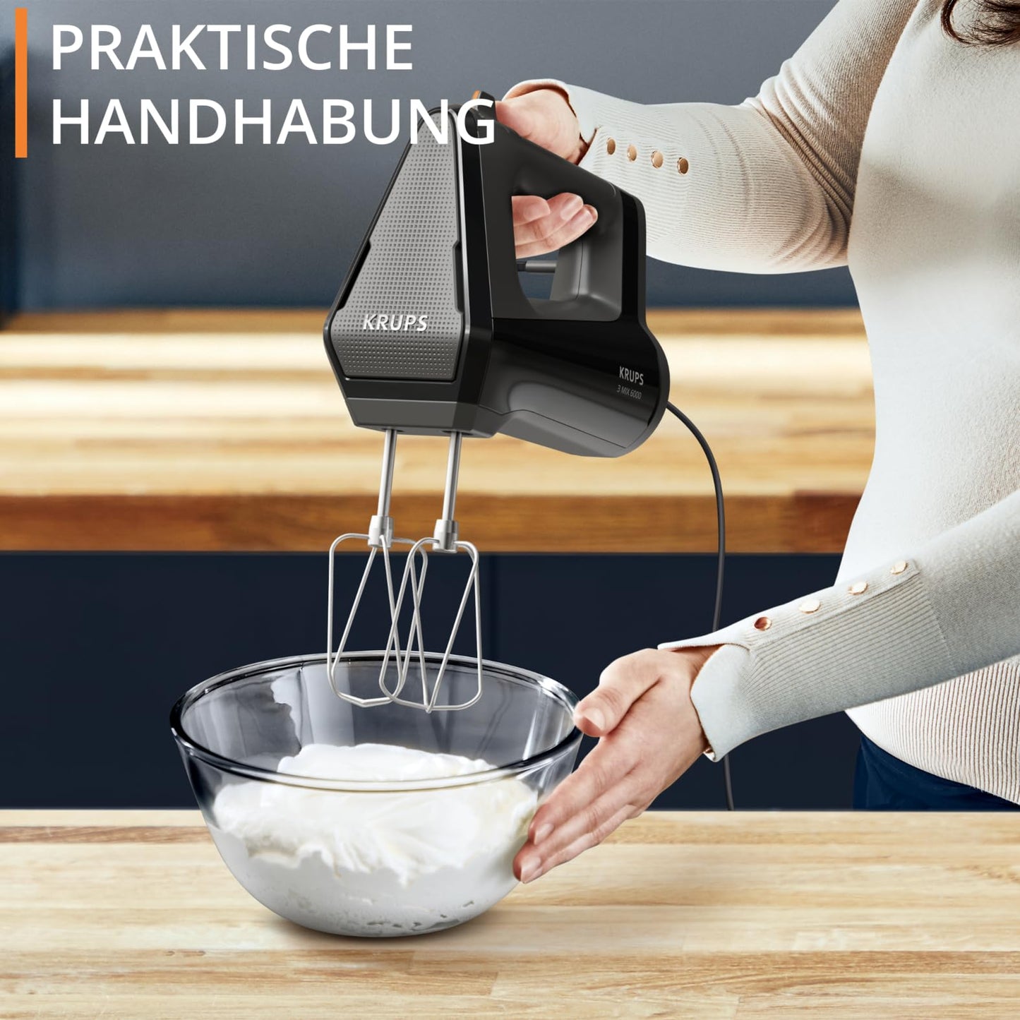 Krups 3MIX 6000 hand mixer, 600 W, precise control, soft touch handle, long cable, practical speed control, hand mixer incl. beaters and dough hook, black, GN6028