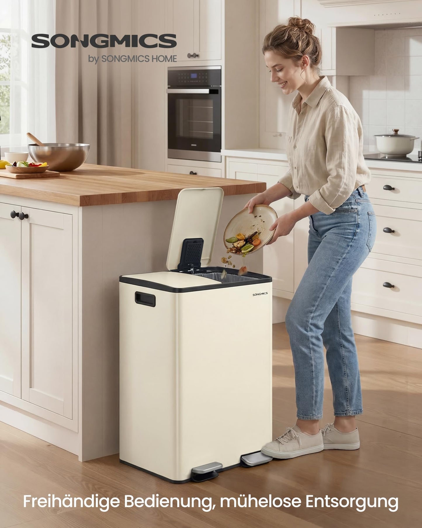 SONGMICS kitchen trash can, 2 x 30 liters, 2 compartments, trash can, pedal trash can, kitchen trash can with soft-close lid and inner bin, steel, including 15 trash bags, cream-colored LTB741AZ02