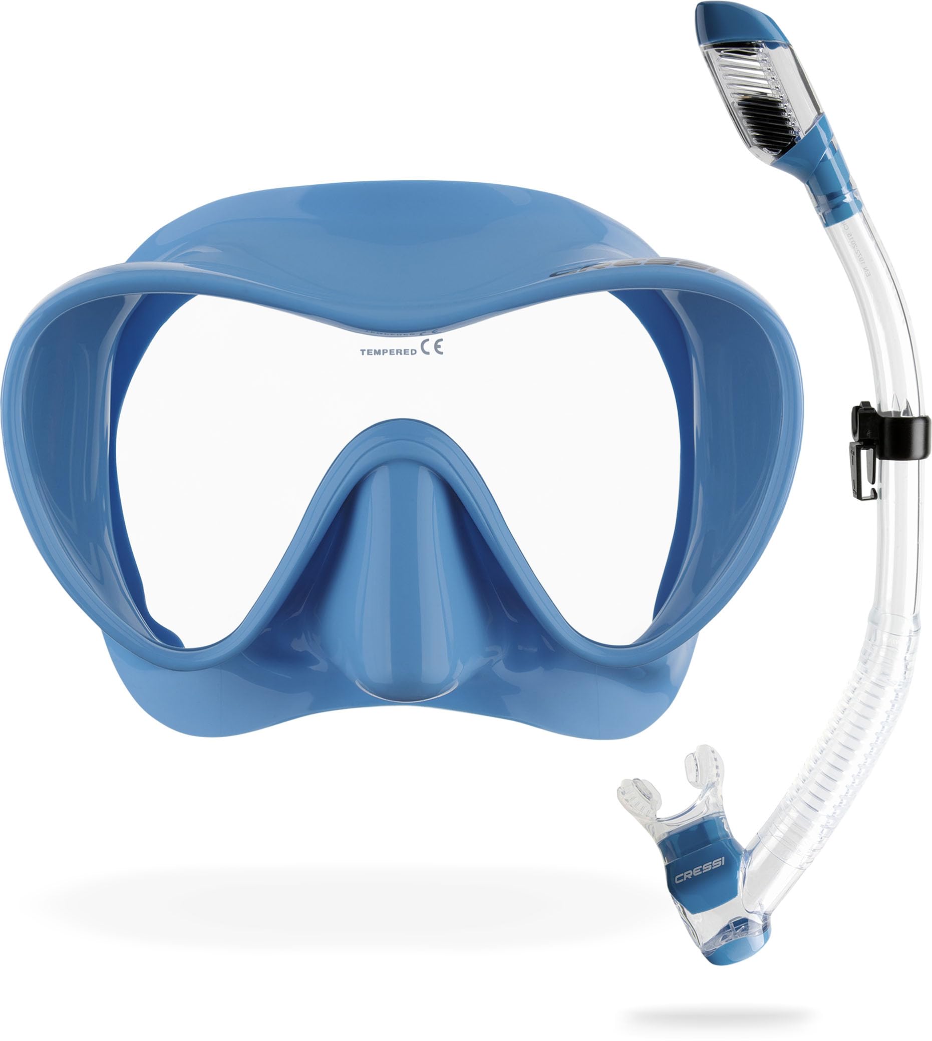 Cressi Frameless Diving Mask F1 - Fog-free Glass Lens, Diving Goggles - Ergonomic Silicone Rim, Snorkel Mask - Dry Snorkel & Snorkel Set - Blue Metal - Combo Set - YDS280021