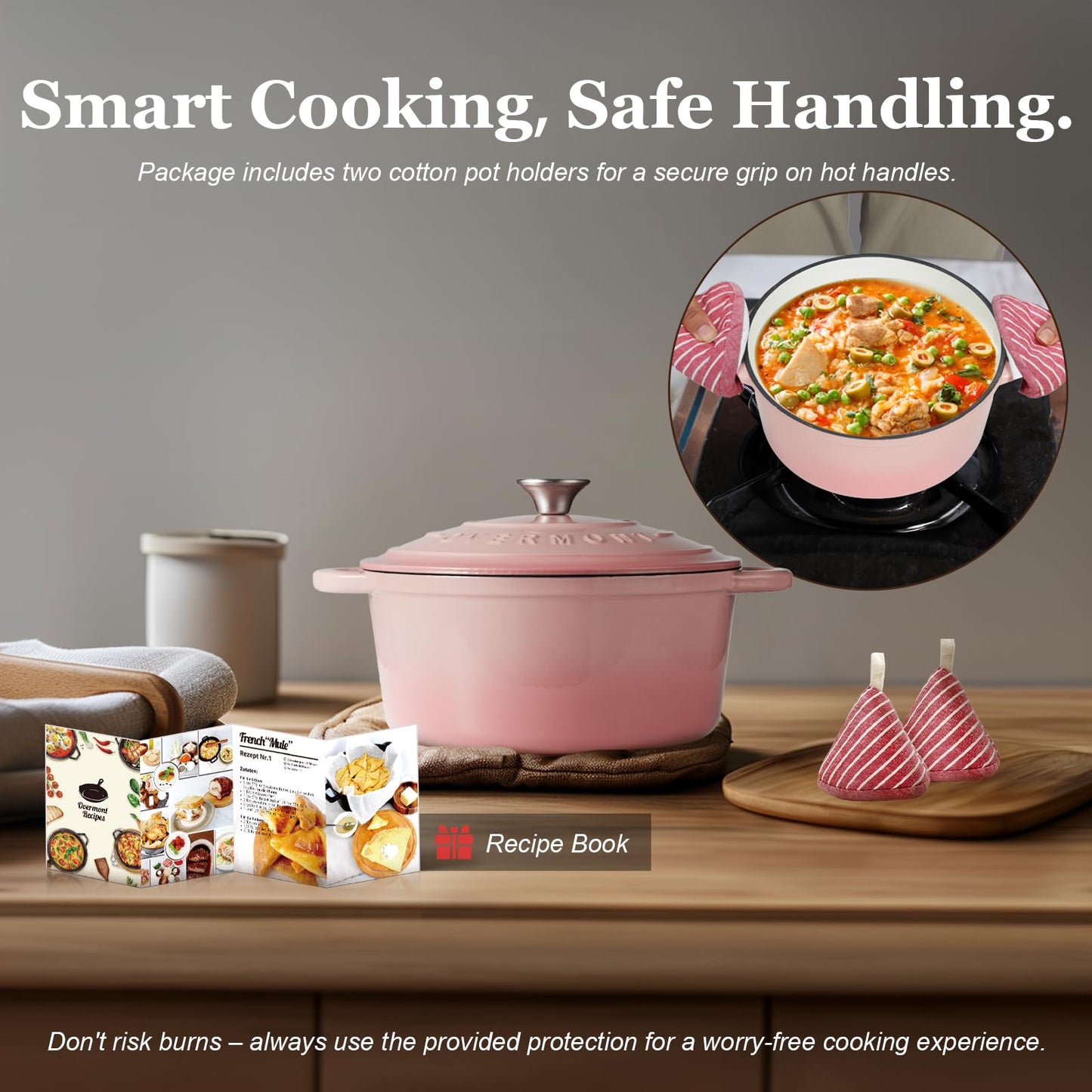 Overmont roasting pan enamel cast iron pot - casserole 26cm oven-safe - with lid and cookbook - for kitchen baking stewing roasting pink - Pink