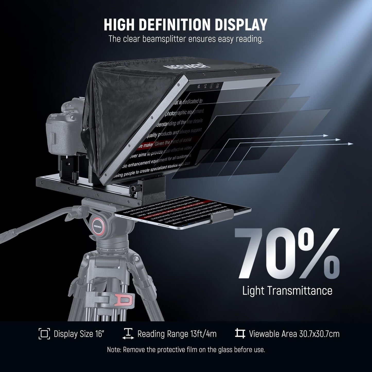 NEEWER Basics X16B Aluminum Alloy, Liftable Teleprompter 16" for iPad Tablet, DSLR Camera, Remote Control and App Control, Compatible with iOS and Android, Pro for Online and Live Streaming