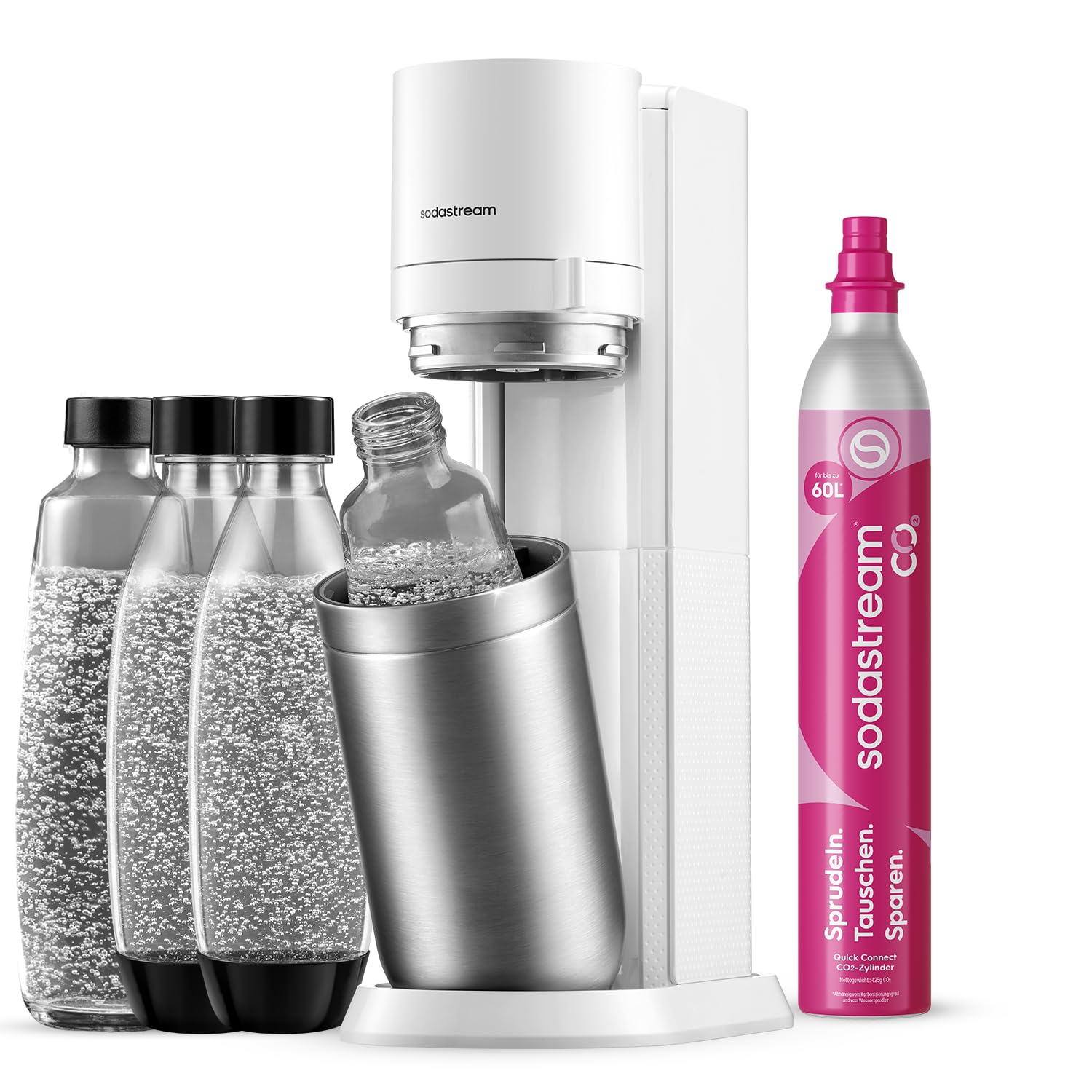 SodaStream water soda maker duo with CO2 cylinder, 2x glass bottles and 2x 1L dishwasher-safe plastic bottles, white, height: 44 cm - 1016814491
