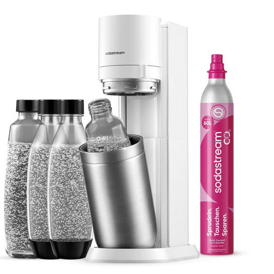 SodaStream water soda maker duo with CO2 cylinder, 2x glass bottles and 2x 1L dishwasher-safe plastic bottles, white, height: 44 cm - 1016814491