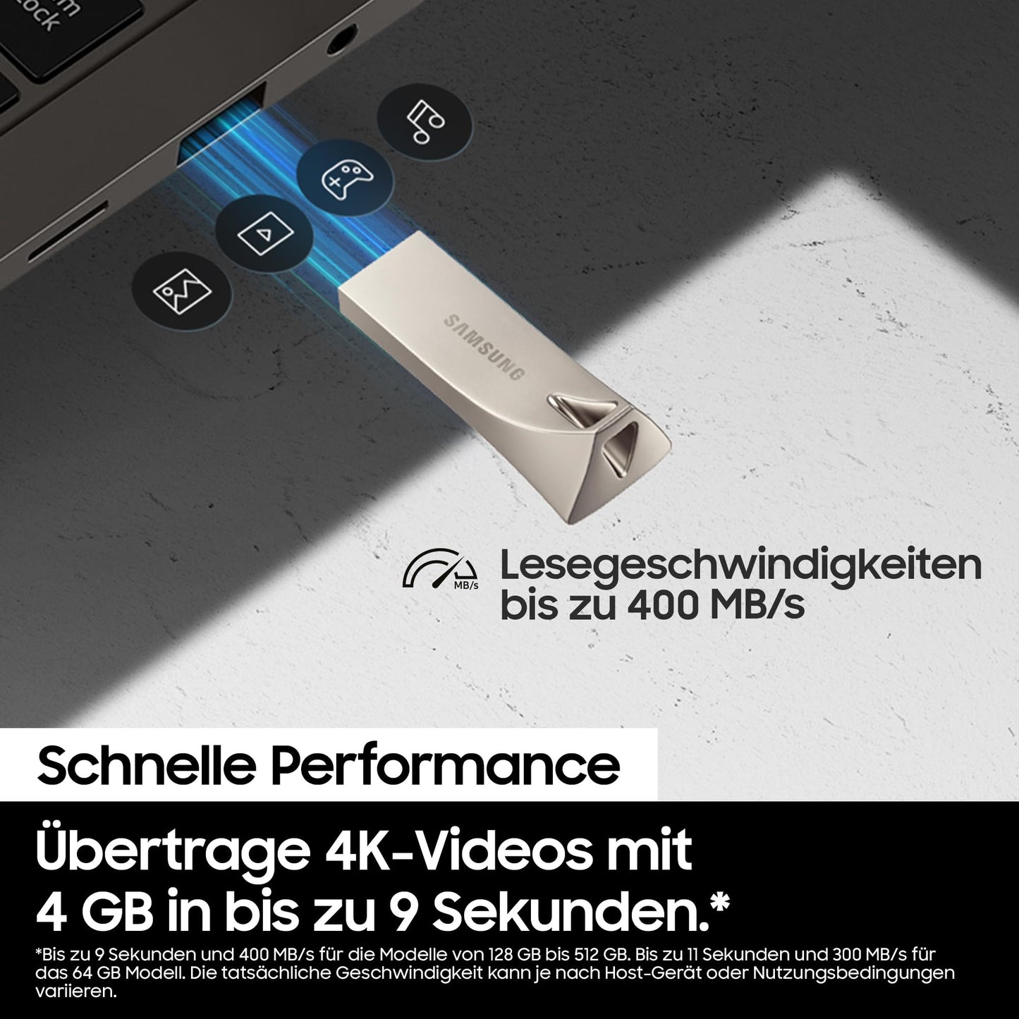 Samsung BAR Plus USB Flash Drive Type-A, 512GB, 400MB/s Read, 110MB/s Write, Durable USB 3.2 Memory Stick with Key Ring, Champagne Silver, MUF-512BE3/APC