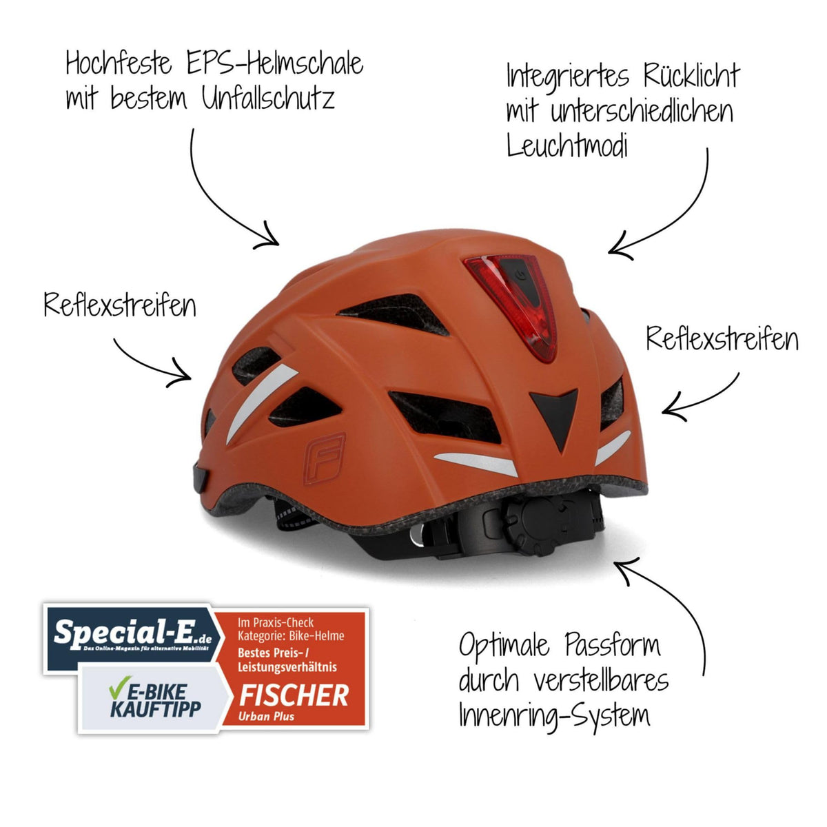 FISCHER Adult Bicycle Helmet, Cycling Helmet, City Helmet Urban Plus Miami, S/M, 52-59cm, orange, with integrated LED rear light - 50627