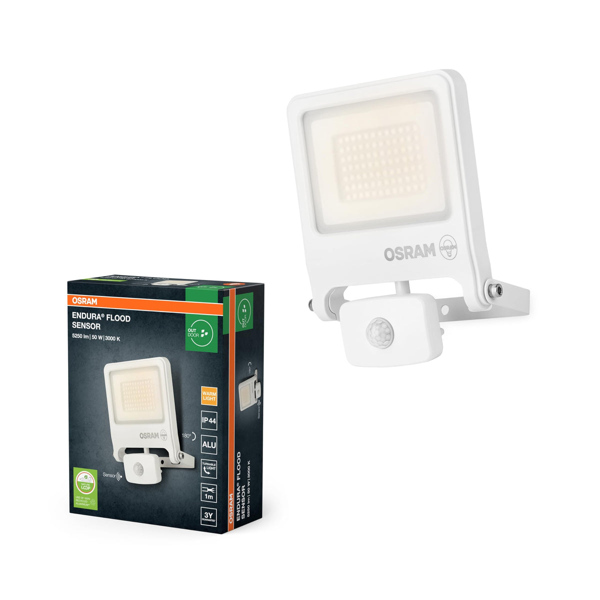 Osram ENDURA FLOOD PC LED Floodlight 50W 3000K Sensor White - 4099854487309