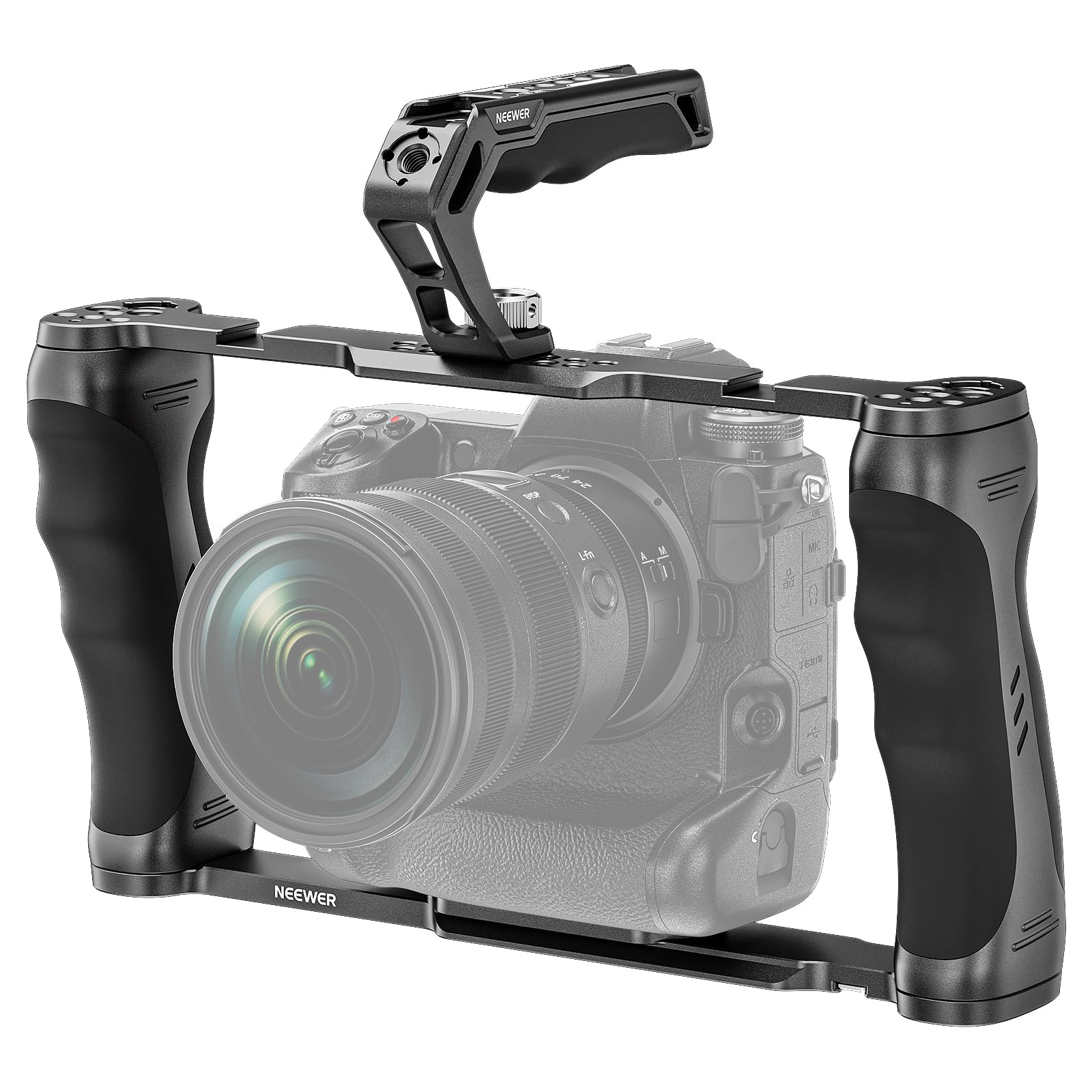 NEEWER Universal Cage Camera Cage and Top Handle with 3/8" ARRI Positioning Pin Set, Video Rig Stabilizer with Arca Base, Two Handles, Compatible with SmallRig Accessories, CA016T